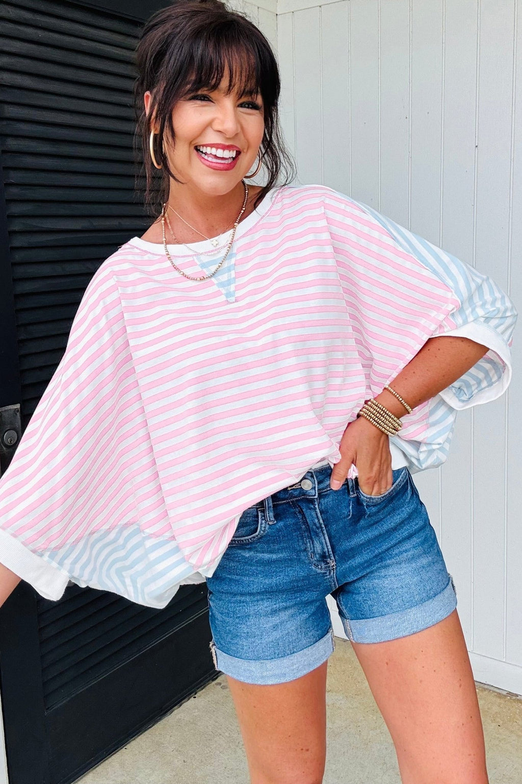 Stripe Oversize Dolman Sleeve Patchwork T-Shirt - Rooted & Reckless Co.