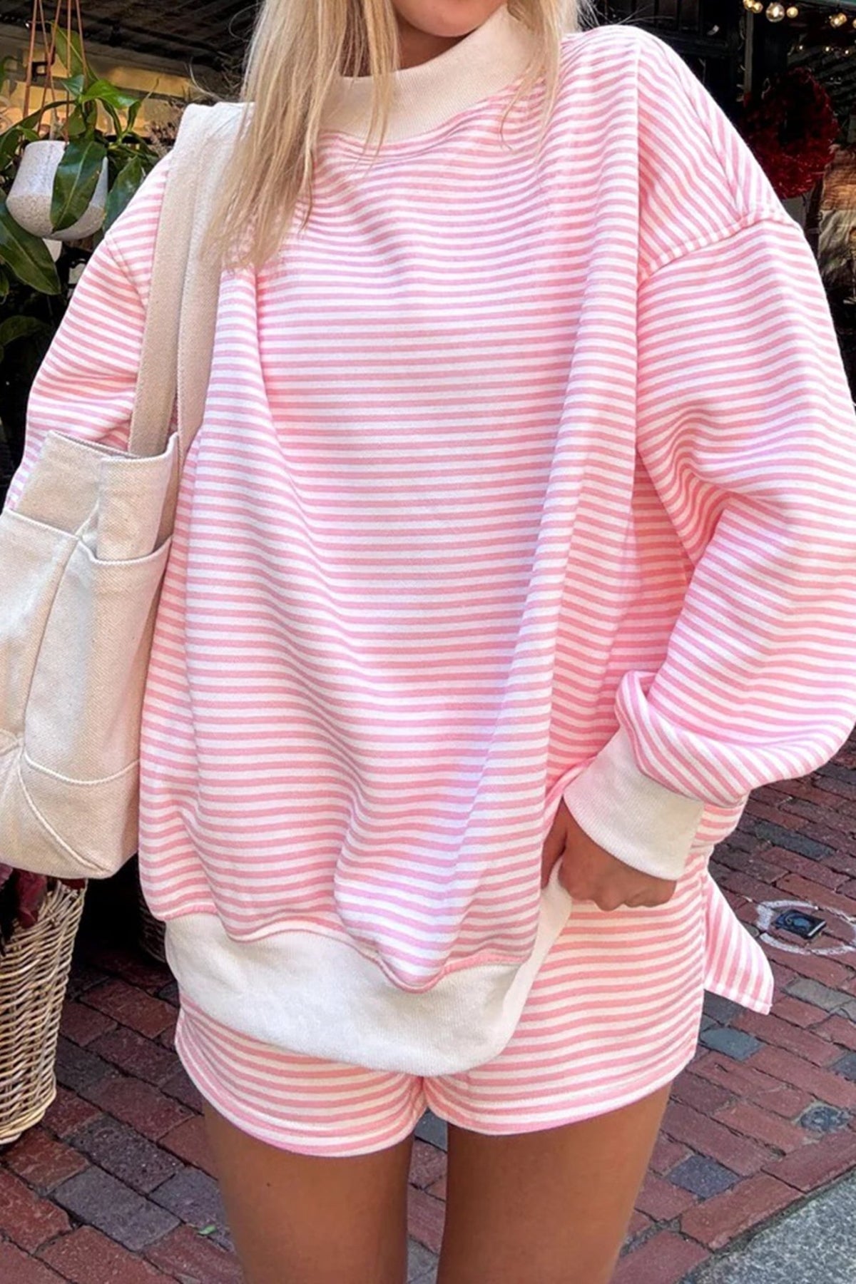 Stripe Oversize Mock Neck Sweatshirt & Shorts Set - Rooted & Reckless Co.