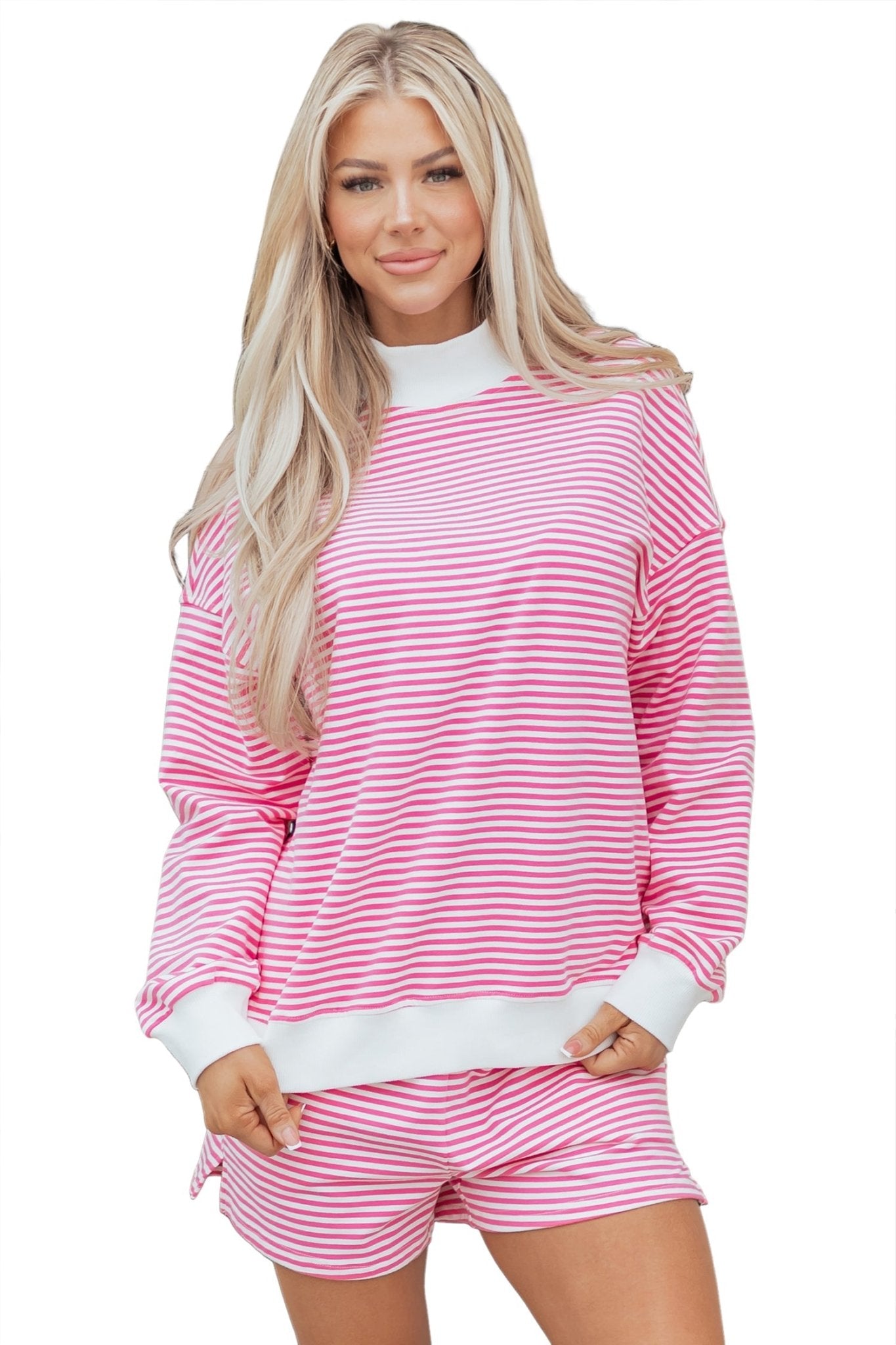 Stripe Oversize Mock Neck Sweatshirt & Shorts Set - Rooted & Reckless Co.
