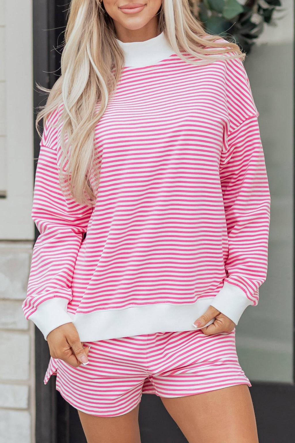 Stripe Oversize Mock Neck Sweatshirt & Shorts Set - Rooted & Reckless Co.