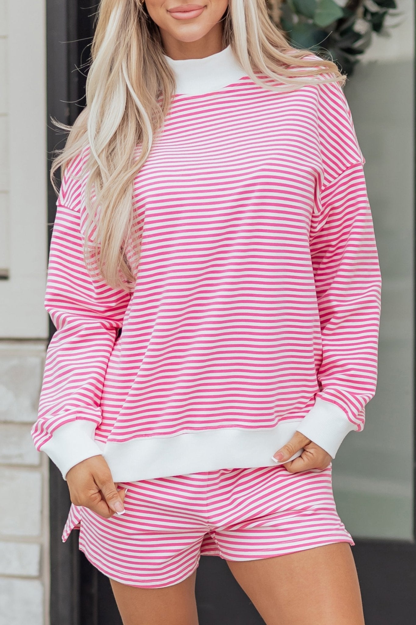 Stripe Oversize Mock Neck Sweatshirt & Shorts Set - Rooted & Reckless Co.