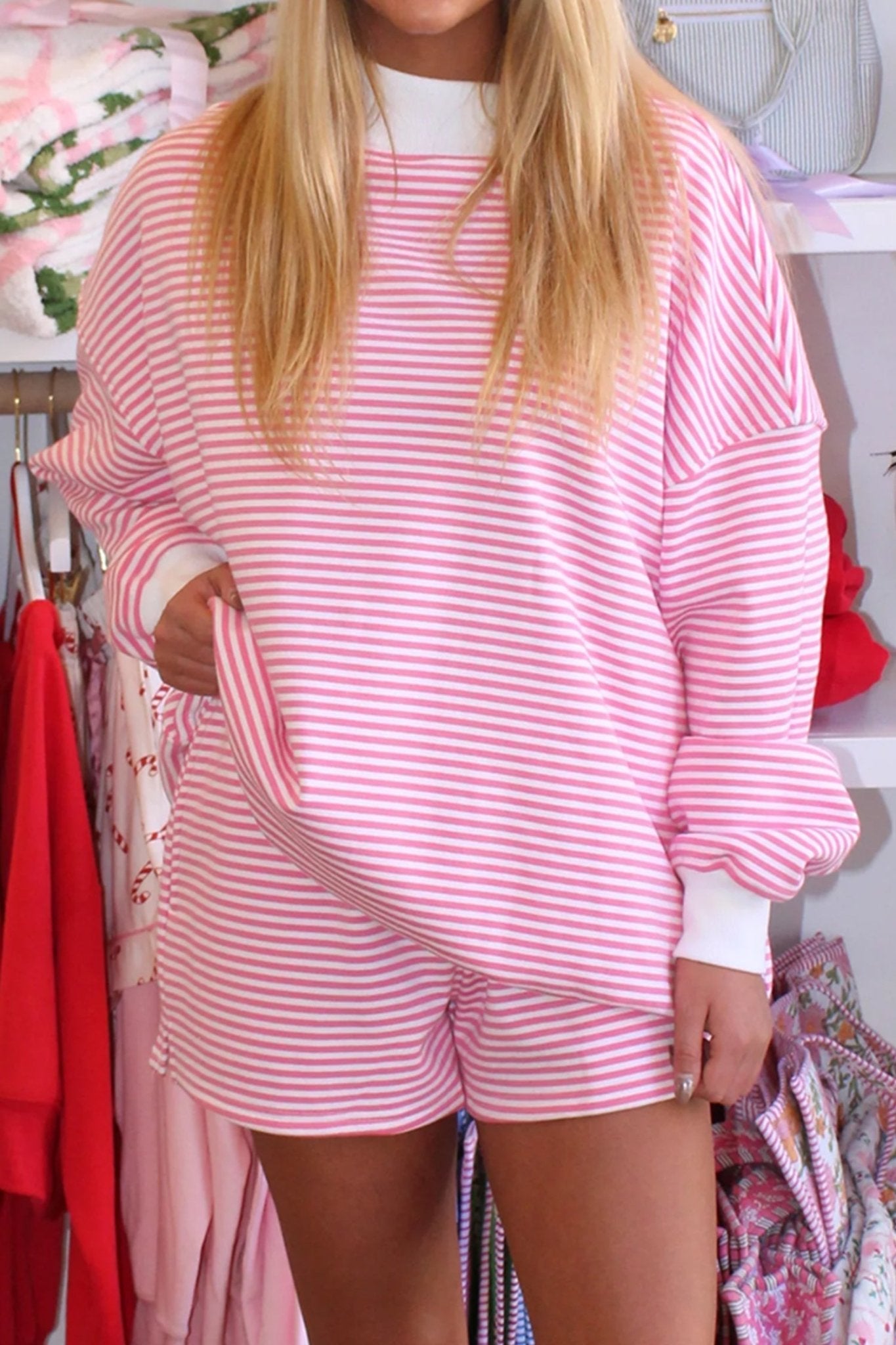 Stripe Oversize Mock Neck Sweatshirt & Shorts Set - Rooted & Reckless Co.