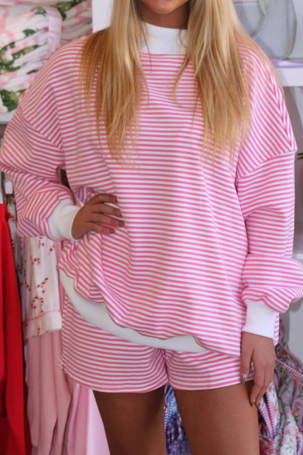 Stripe Oversize Mock Neck Sweatshirt & Shorts Set - Rooted & Reckless Co.