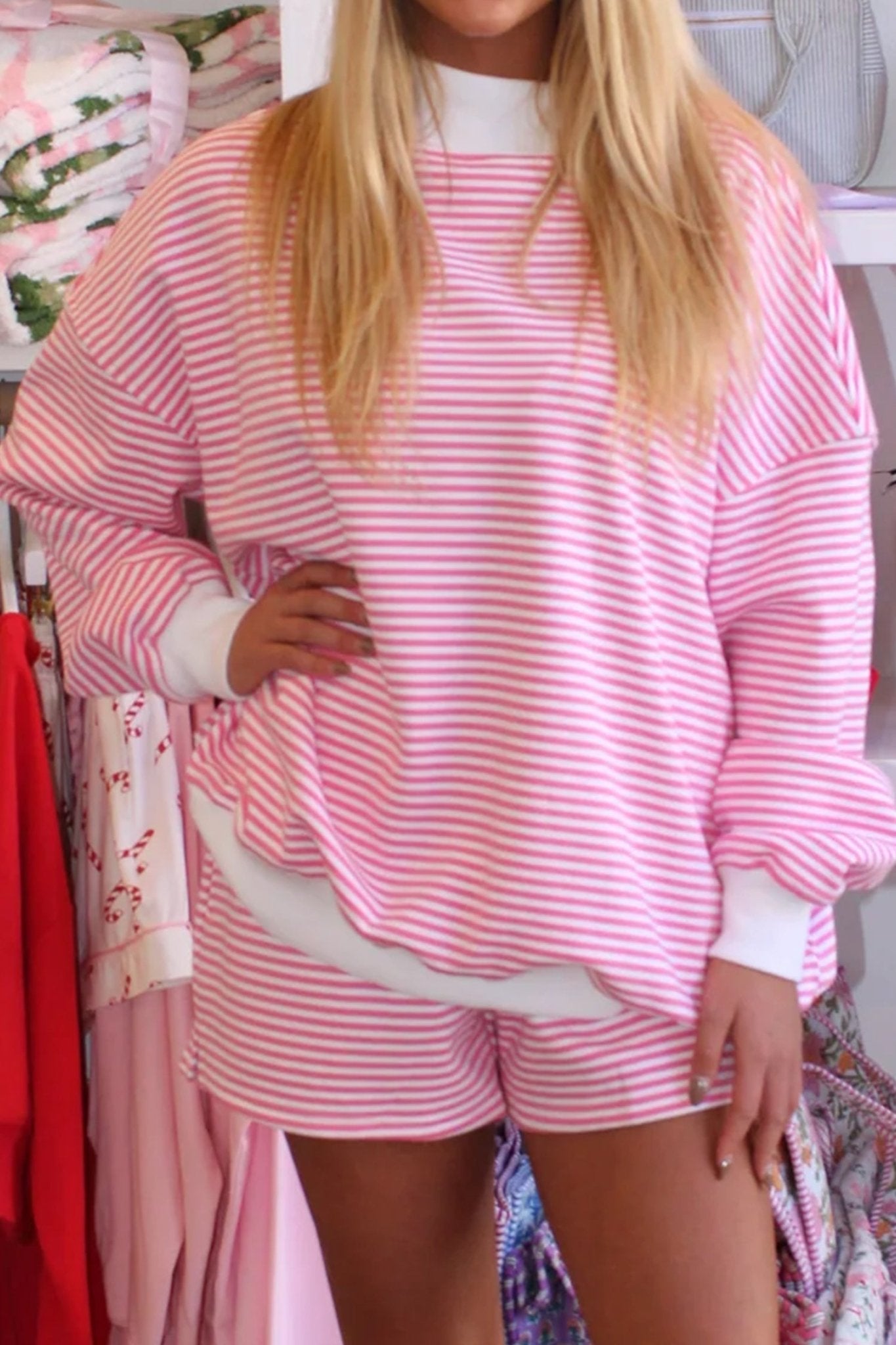 Stripe Oversize Mock Neck Sweatshirt & Shorts Set - Rooted & Reckless Co.