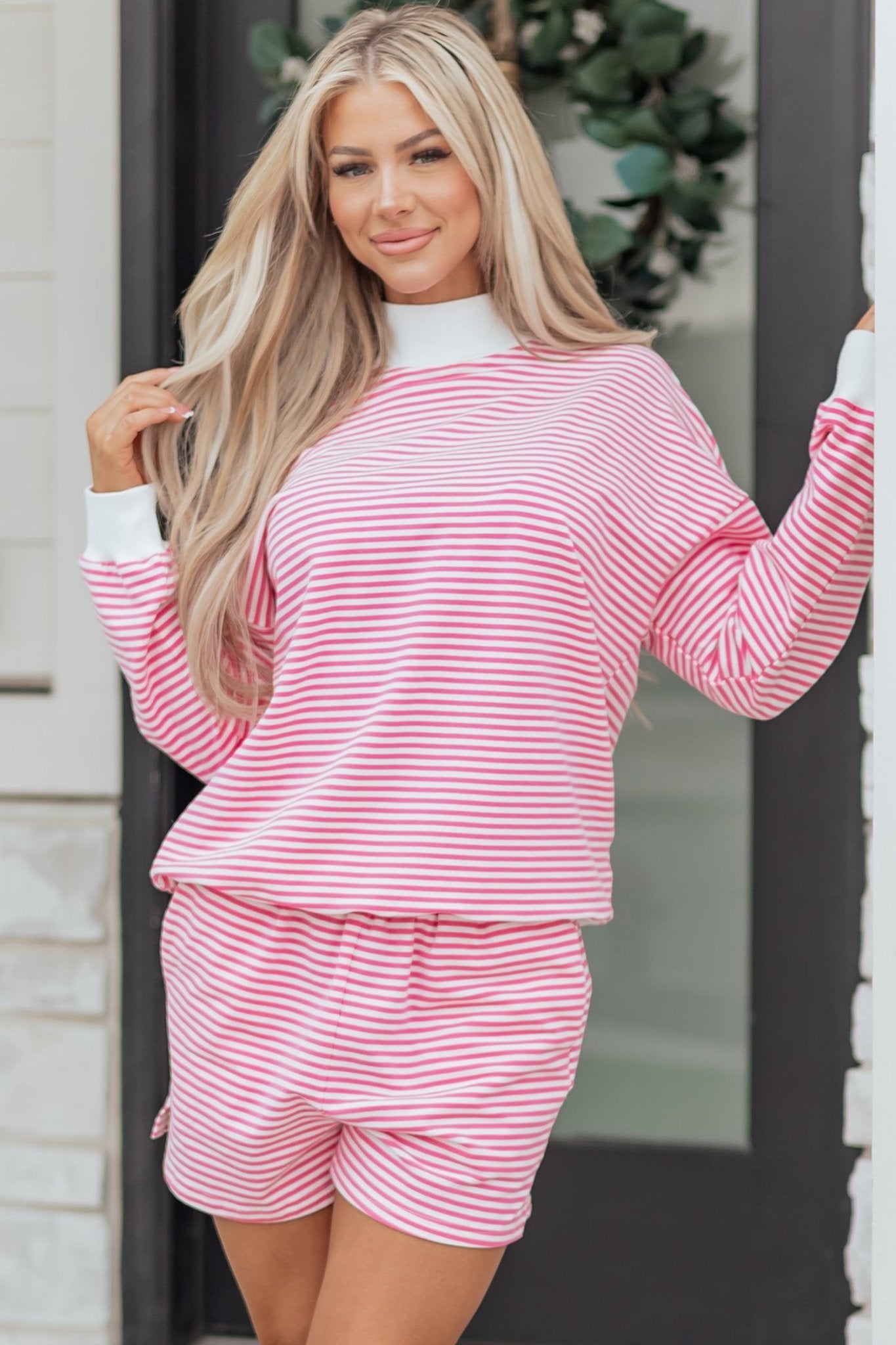 Stripe Oversize Mock Neck Sweatshirt & Shorts Set - Rooted & Reckless Co.