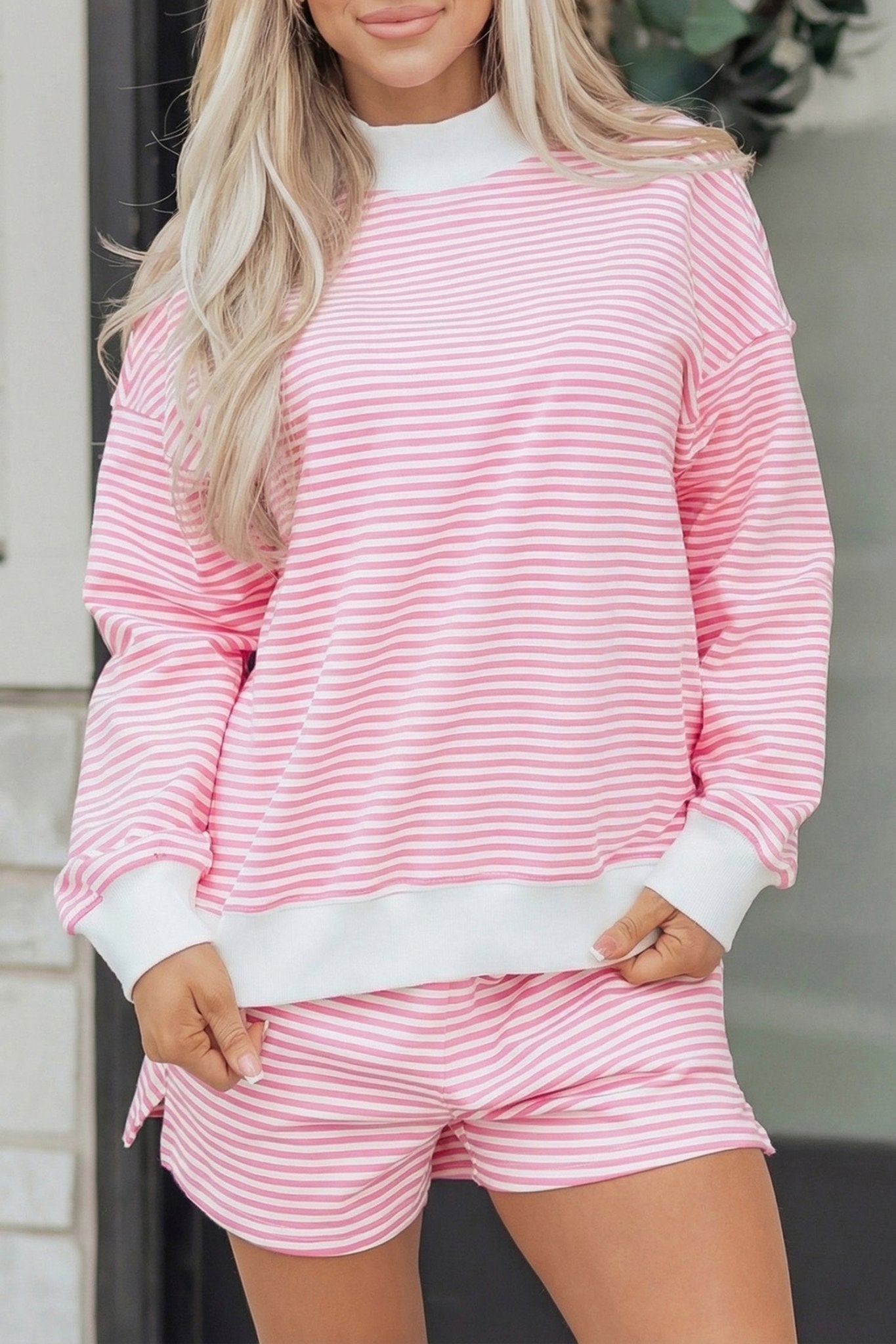 Stripe Oversize Mock Neck Sweatshirt & Shorts Set - Rooted & Reckless Co.