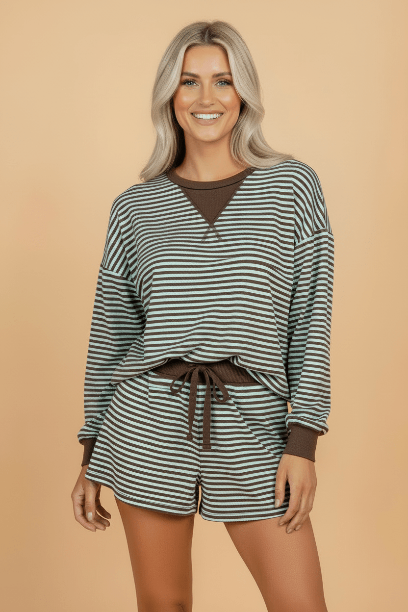 Stripe Oversized Long Sleeve Top & Drawstring Shorts Set - Rooted & Reckless Co.