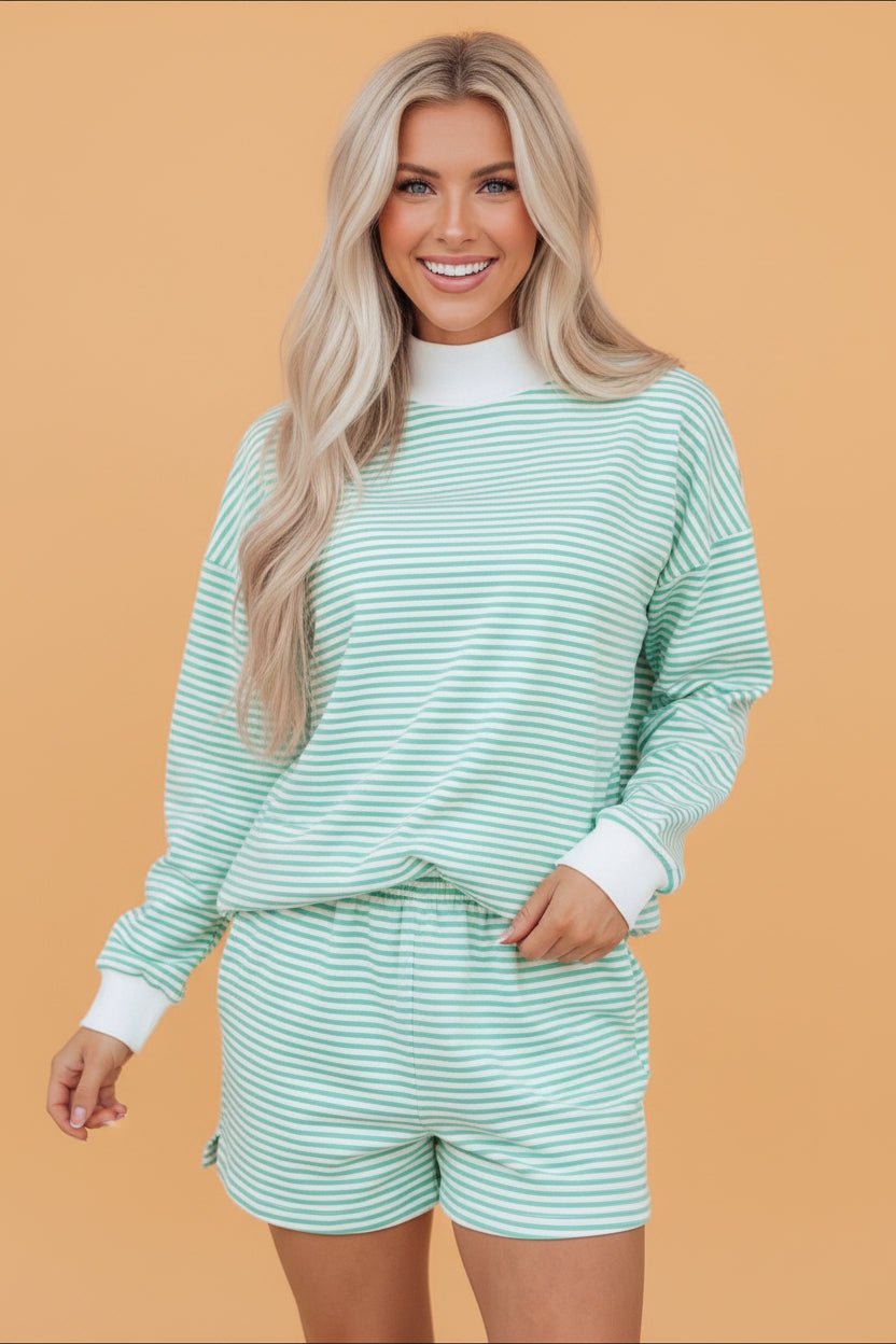 Stripe Oversized Mock Neck Sweatshirt & Shorts Set - Rooted & Reckless Co.