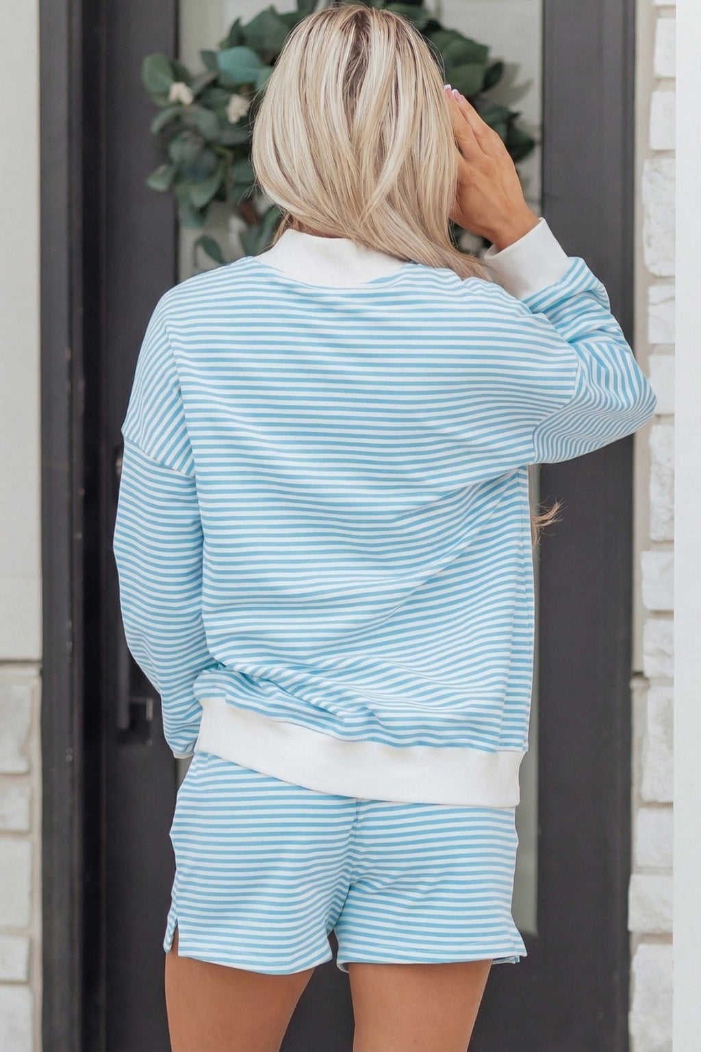 Stripe Oversized Mock Neck Sweatshirt & Shorts Set - Rooted & Reckless Co.