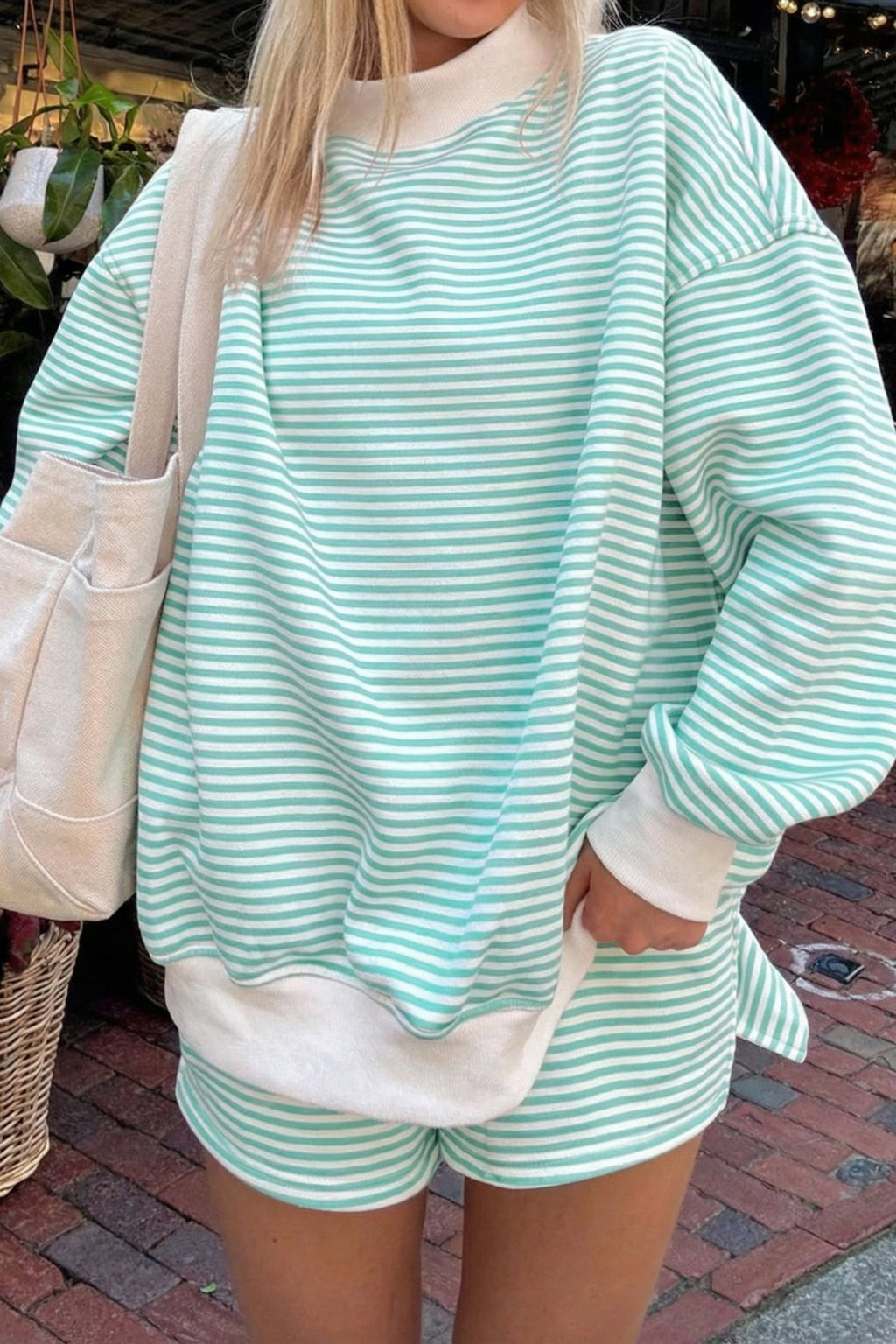 Stripe Oversized Mock Neck Sweatshirt & Shorts Set - Rooted & Reckless Co.