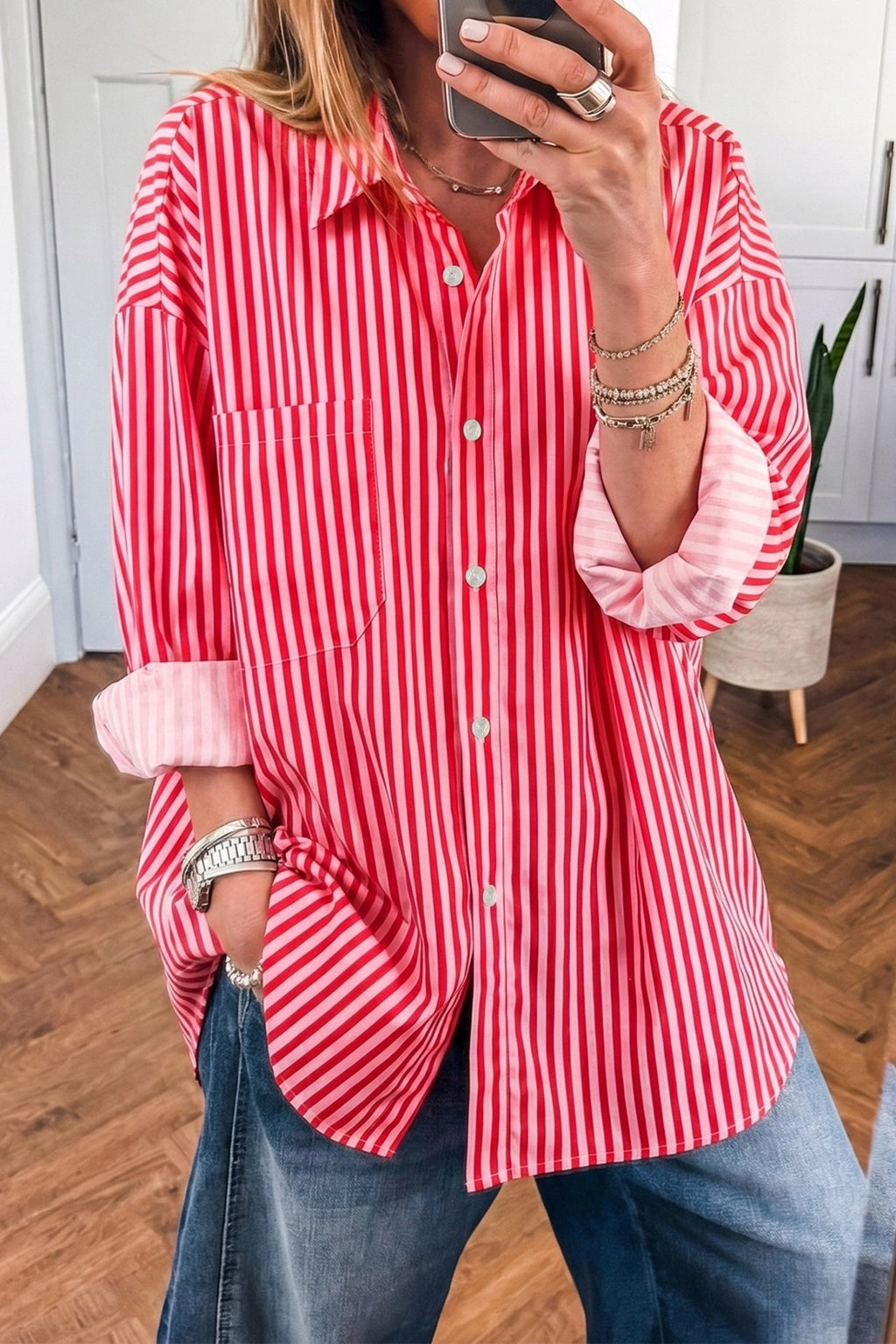 Stripe Patch Pocket Button-Up Long Sleeve Blouse - Rooted & Reckless Co.