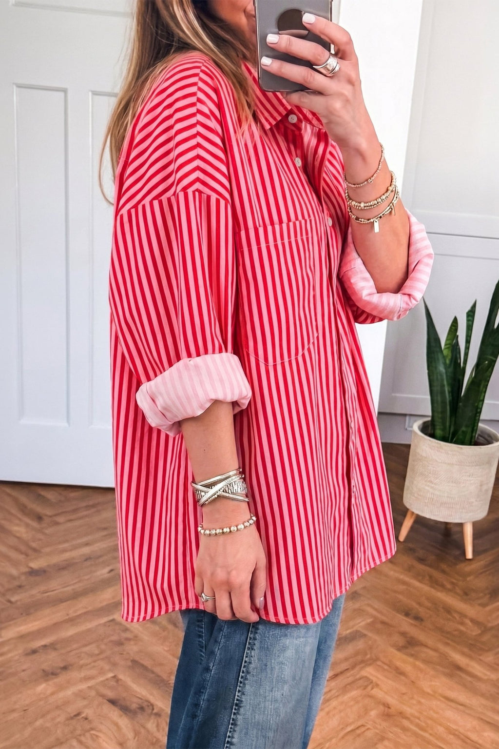Stripe Patch Pocket Button-Up Long Sleeve Blouse - Rooted & Reckless Co.