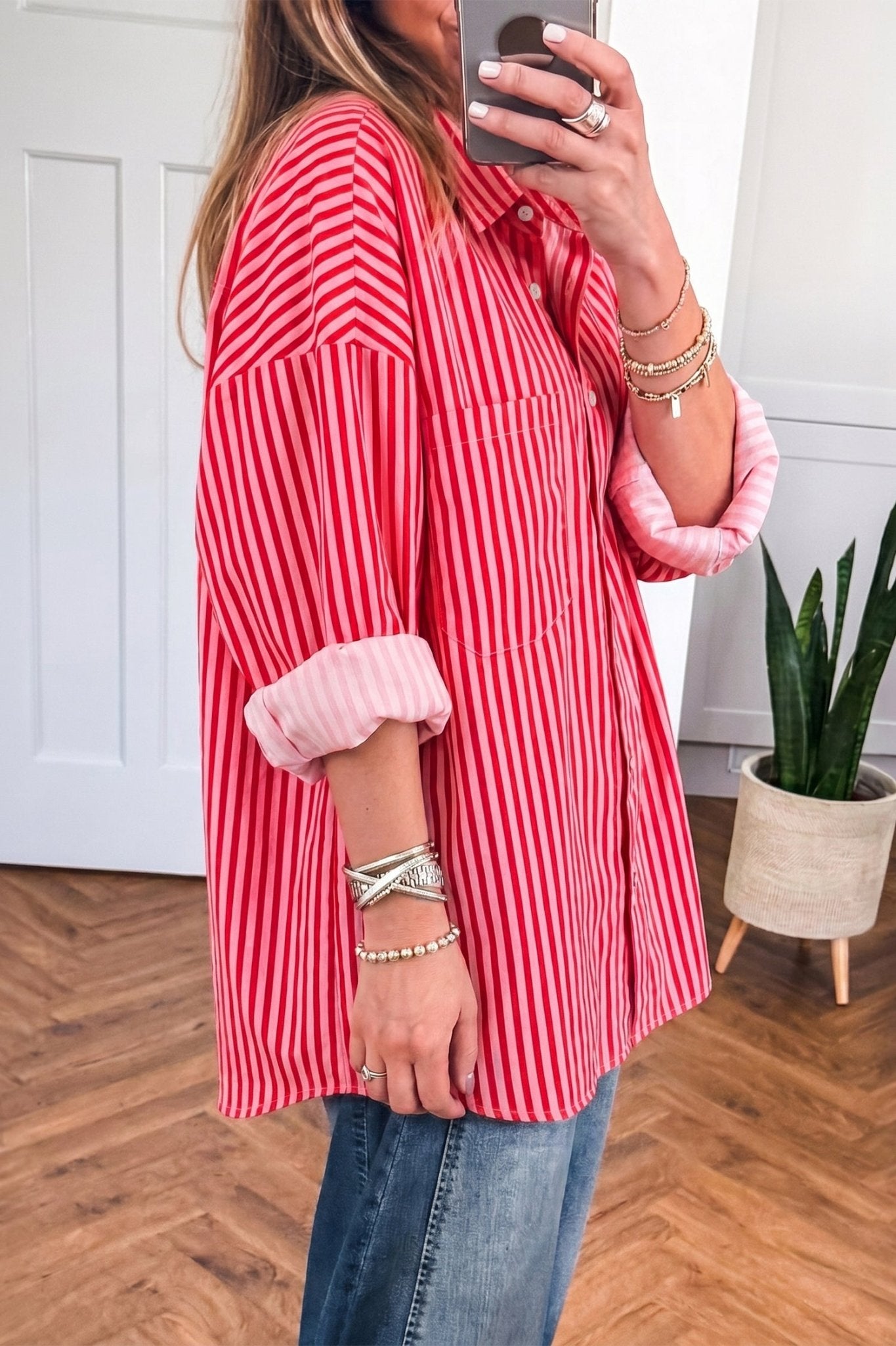 Stripe Patch Pocket Button-Up Long Sleeve Blouse - Rooted & Reckless Co.