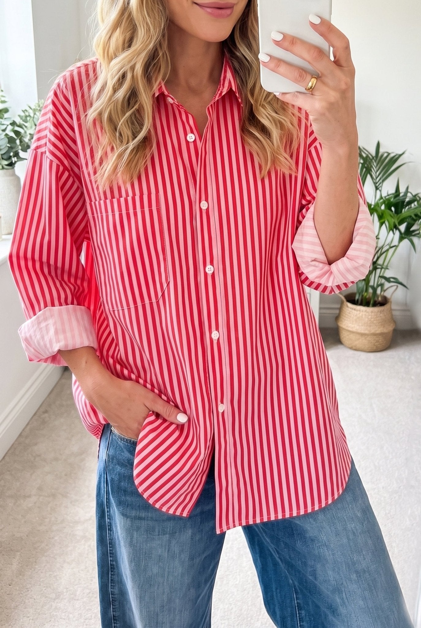 Stripe Patch Pocket Button-Up Long Sleeve Blouse - Rooted & Reckless Co.