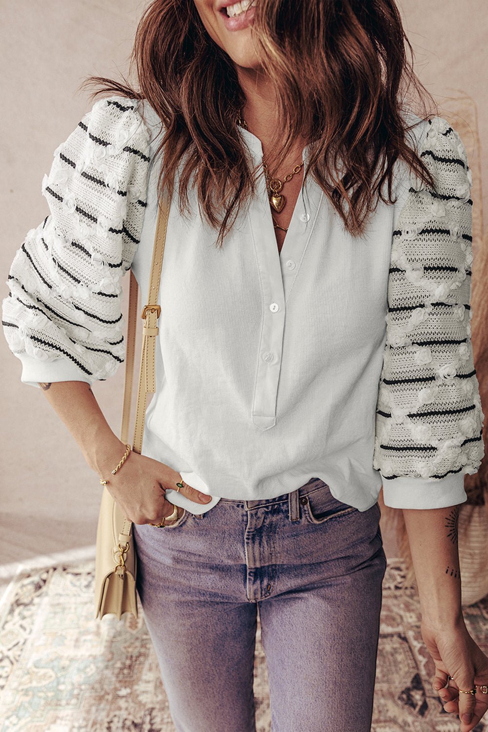 Stripe Patchwork Buttoned V-Neck Ribbed Knit Top - Rooted & Reckless Co.