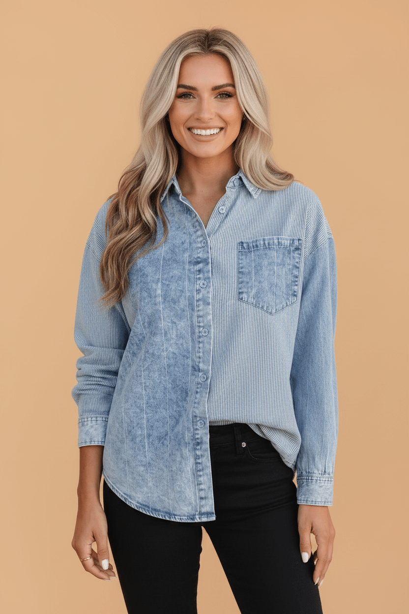 Stripe Patchwork Denim Long Sleeve Buttoned Shirt - Rooted & Reckless Co.