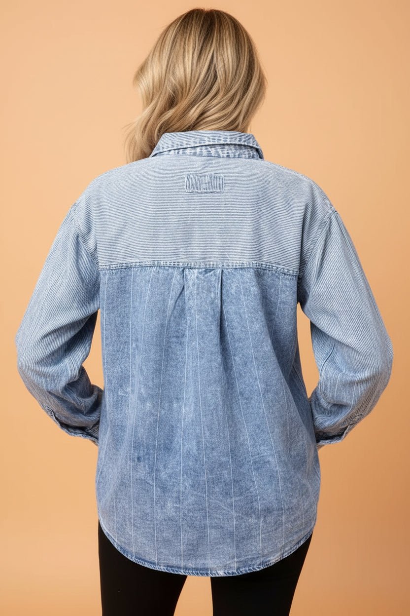 Stripe Patchwork Denim Long Sleeve Buttoned Shirt - Rooted & Reckless Co.