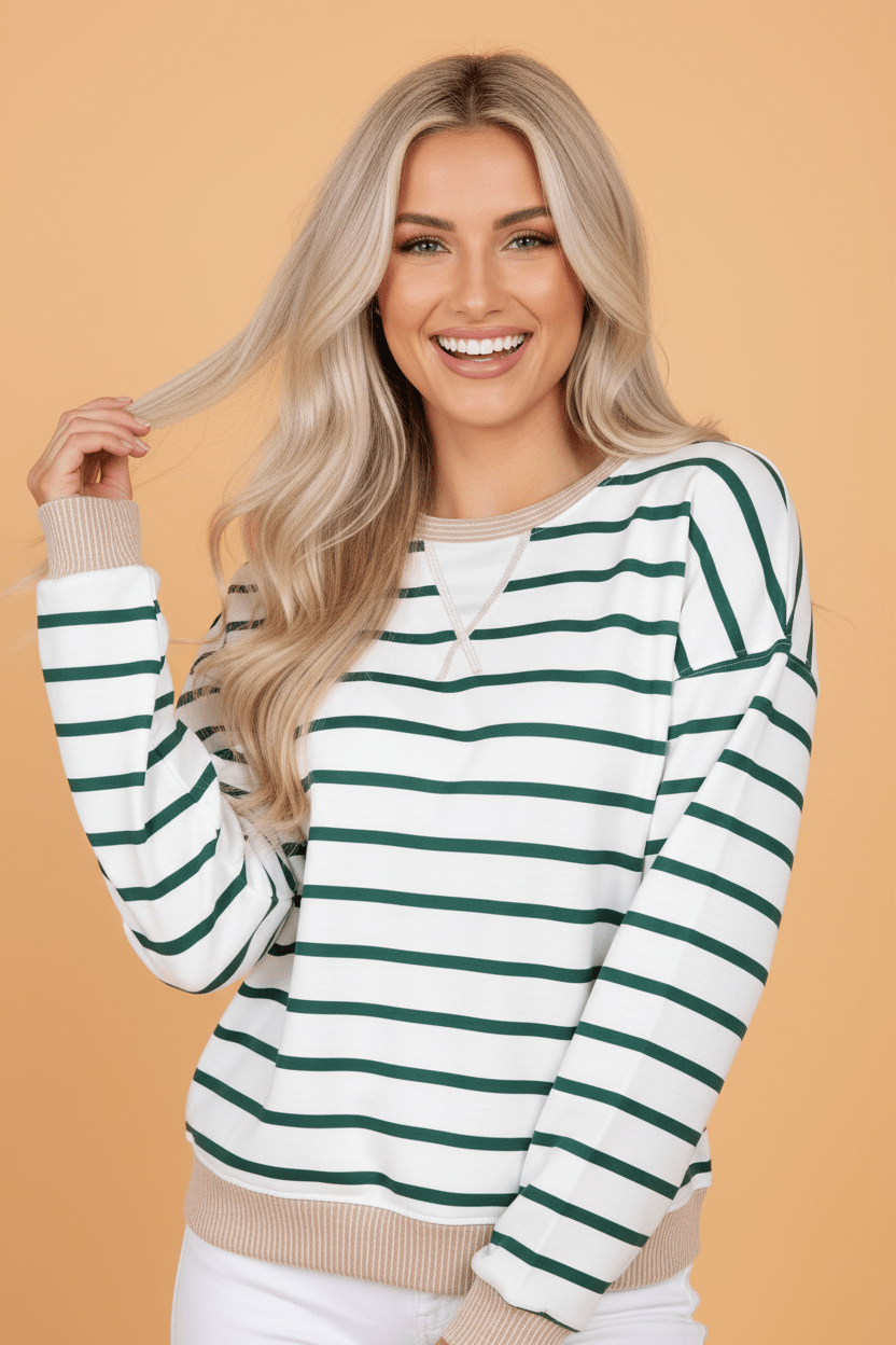 Stripe Patchwork Drop Shoulder Round Neck Sweatshirt - Rooted & Reckless Co.