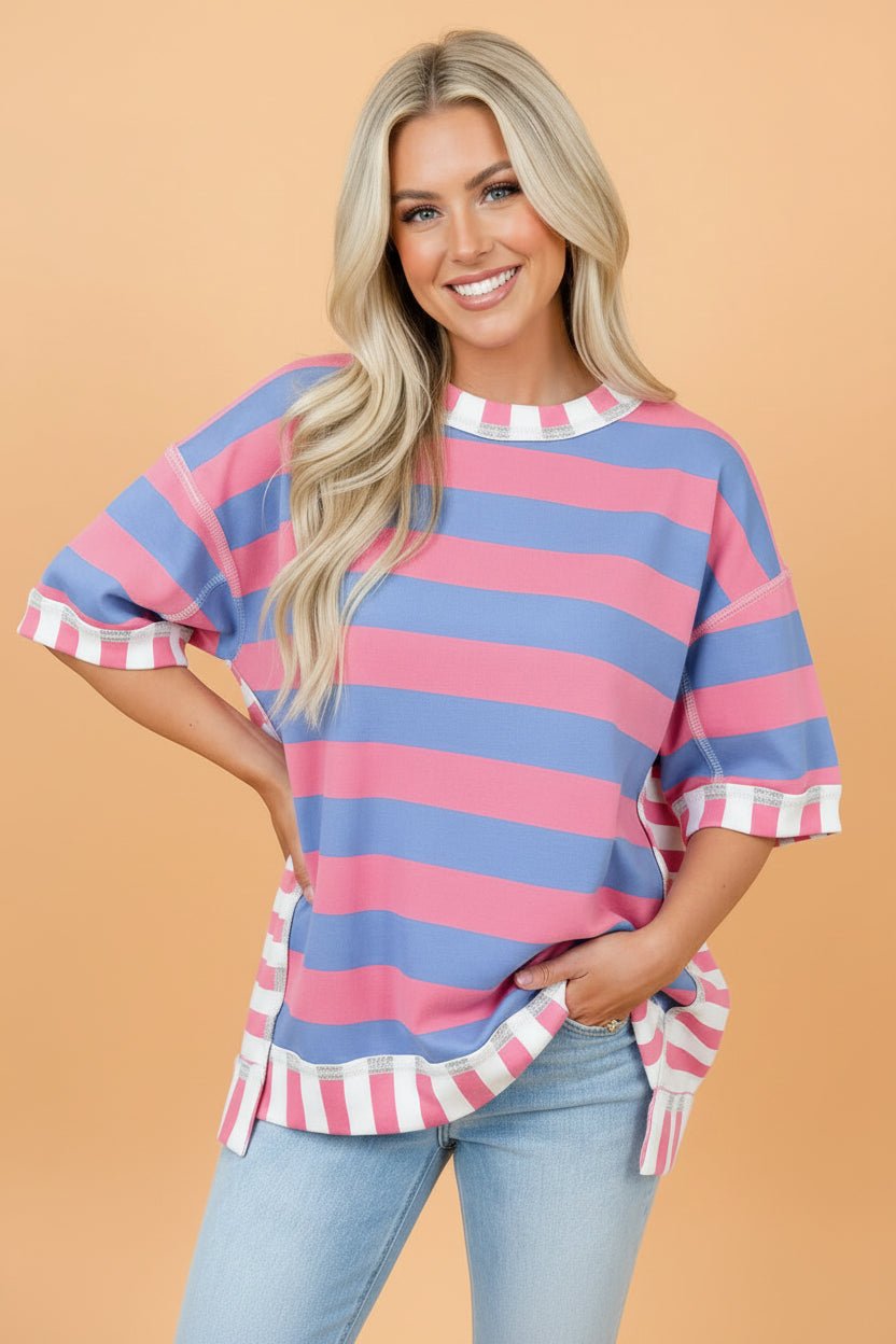 Stripe Patchwork Exposed Seam Oversized Top - Rooted & Reckless Co.