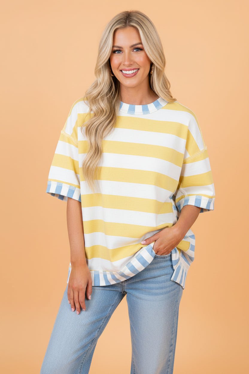 Stripe Patchwork Exposed Seam Oversized Top - Rooted & Reckless Co.