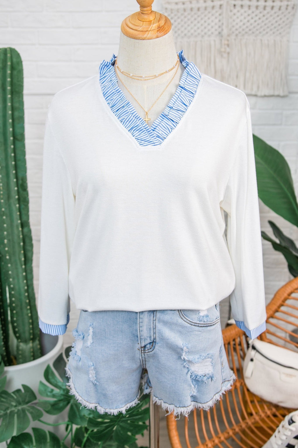 Stripe Patchwork Frilled V-Neck 3/4 Sleeve Blouse - Rooted & Reckless Co.