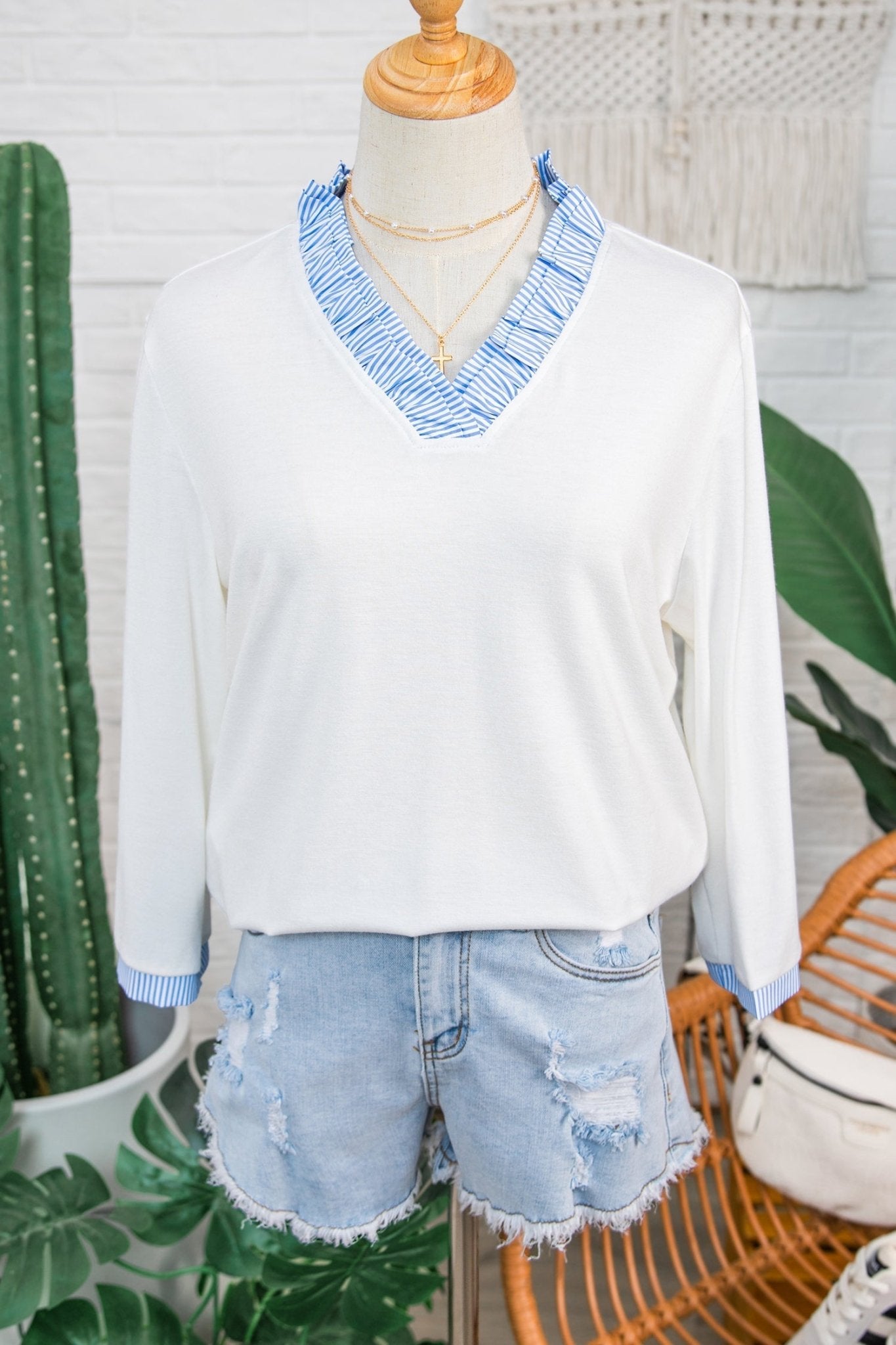 Stripe Patchwork Frilled V-Neck 3/4 Sleeve Blouse - Rooted & Reckless Co.