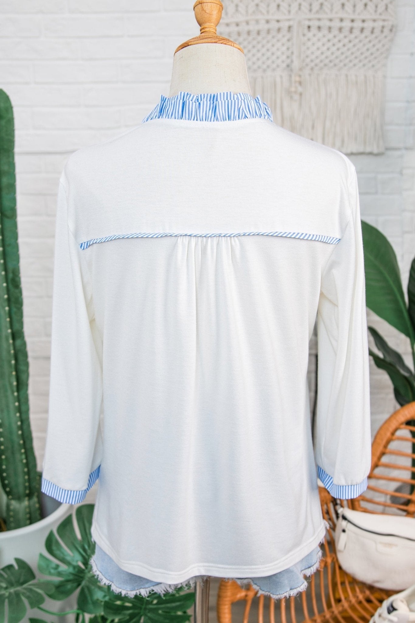Stripe Patchwork Frilled V-Neck 3/4 Sleeve Blouse - Rooted & Reckless Co.