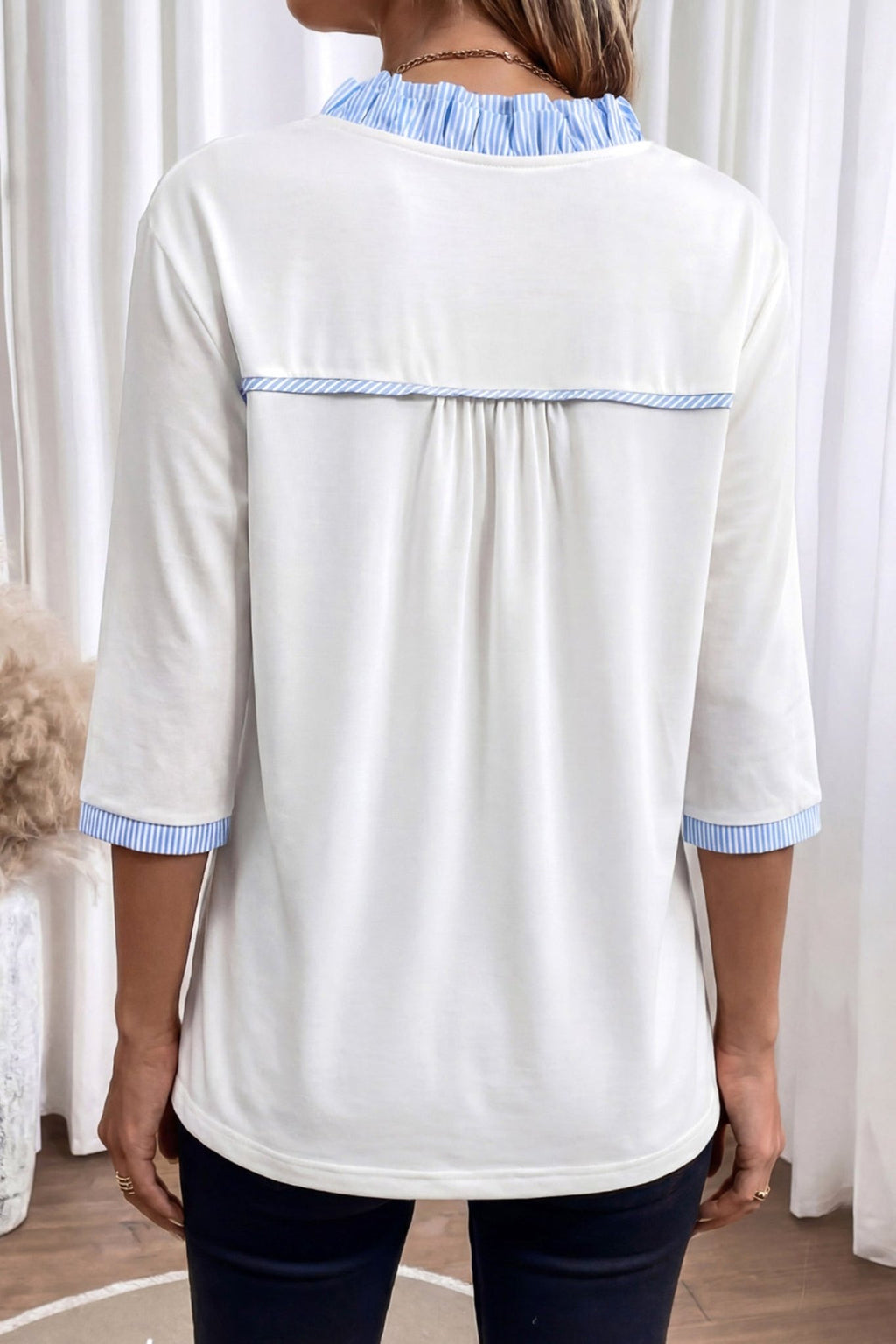 Stripe Patchwork Frilled V-Neck 3/4 Sleeve Blouse - Rooted & Reckless Co.
