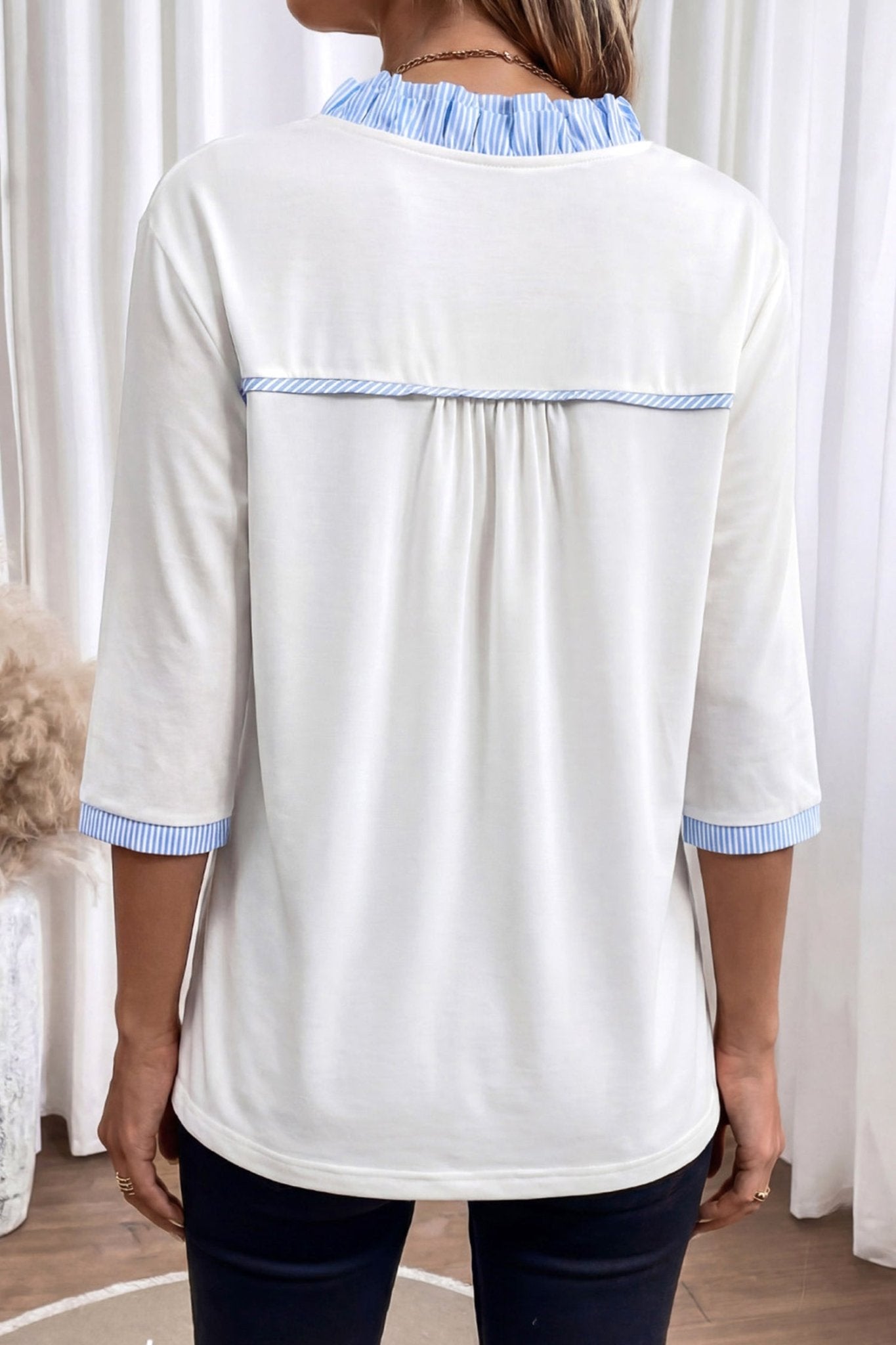 Stripe Patchwork Frilled V-Neck 3/4 Sleeve Blouse - Rooted & Reckless Co.