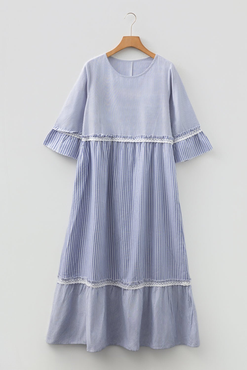 Stripe Patchwork Lace Trim 3/4 Sleeve Maxi Dress - Rooted & Reckless Co.