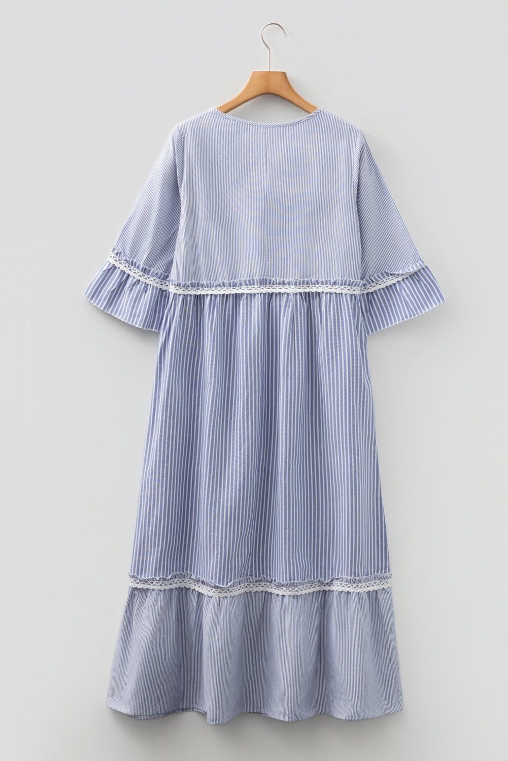 Stripe Patchwork Lace Trim 3/4 Sleeve Maxi Dress - Rooted & Reckless Co.