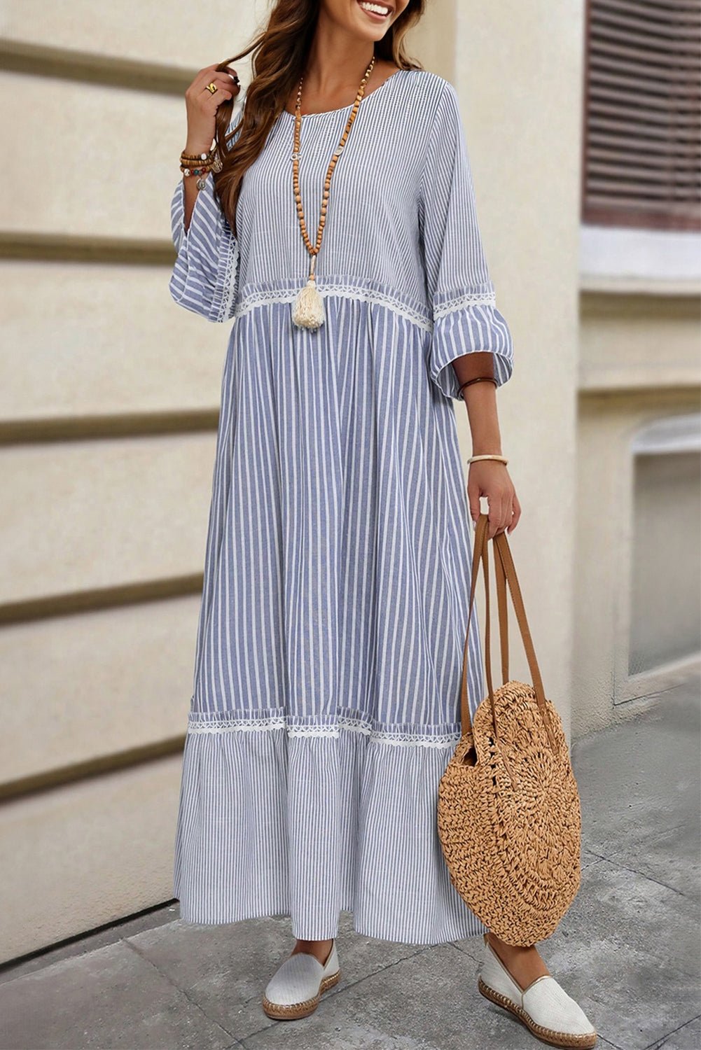 Stripe Patchwork Lace Trim 3/4 Sleeve Maxi Dress - Rooted & Reckless Co.