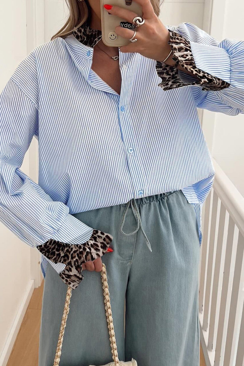 Stripe Patchwork Leopard Ruffle Long Sleeve Shirt - Rooted & Reckless Co.