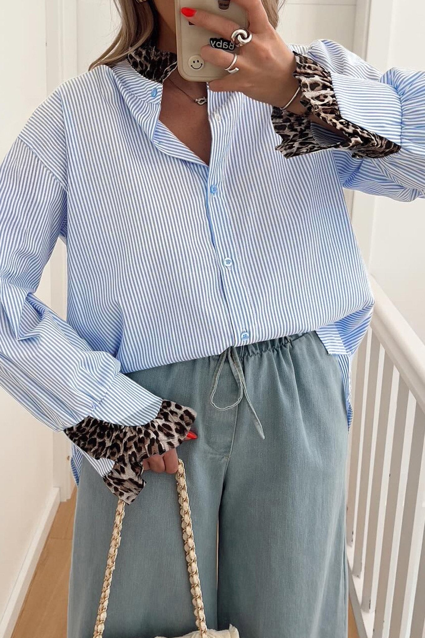Stripe Patchwork Leopard Ruffle Long Sleeve Shirt - Rooted & Reckless Co.
