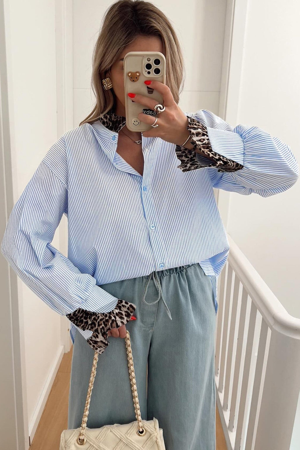 Stripe Patchwork Leopard Ruffle Long Sleeve Shirt - Rooted & Reckless Co.