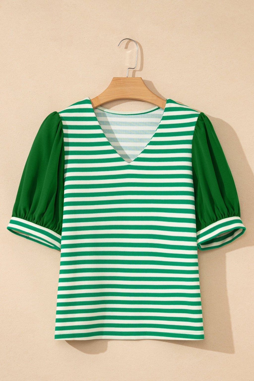 Stripe Patchwork Puff Short Sleeve V-Neck Blouse - Rooted & Reckless Co.