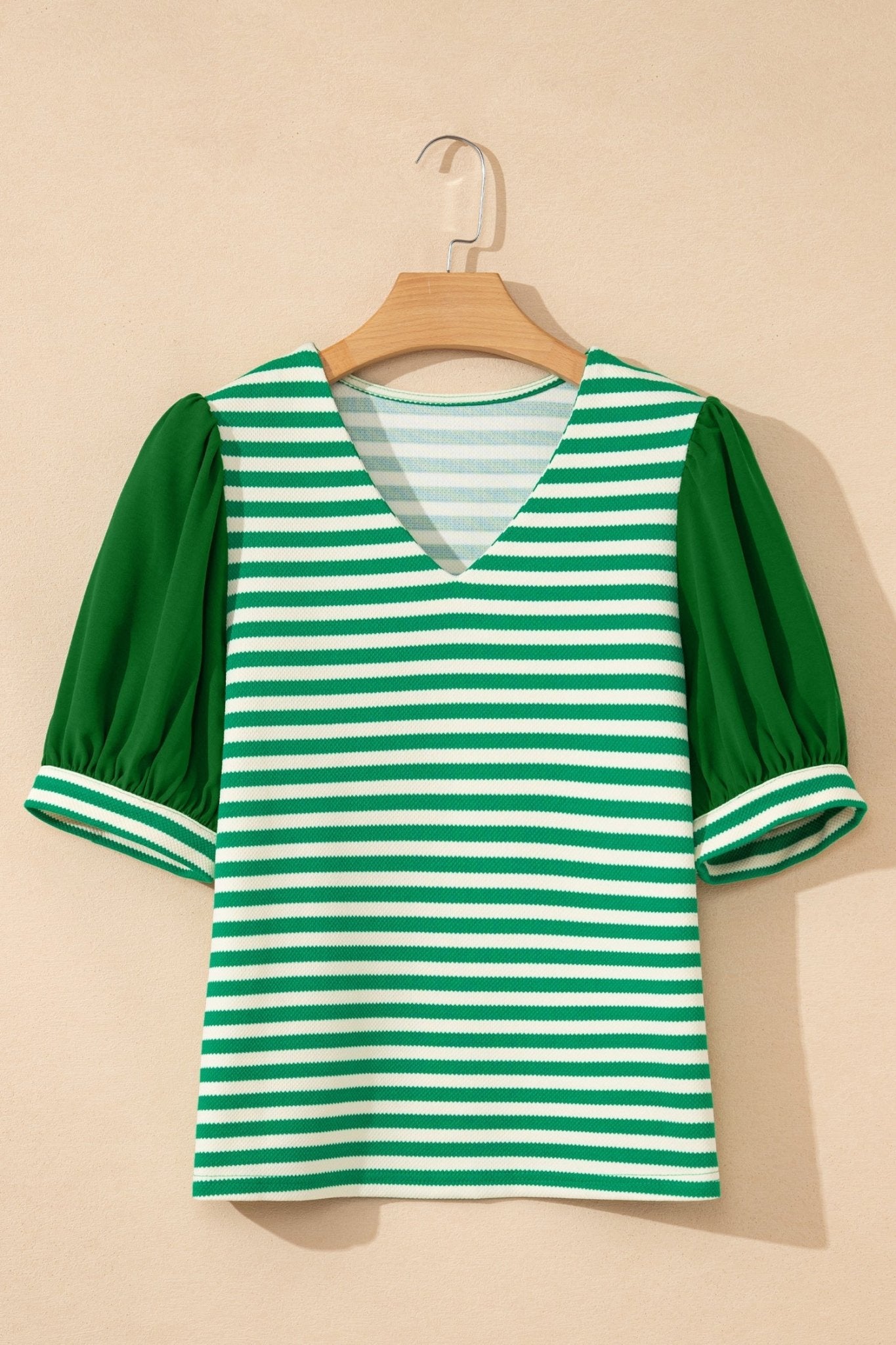 Stripe Patchwork Puff Short Sleeve V-Neck Blouse - Rooted & Reckless Co.
