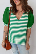Stripe Patchwork Puff Short Sleeve V-Neck Blouse - Rooted & Reckless Co.