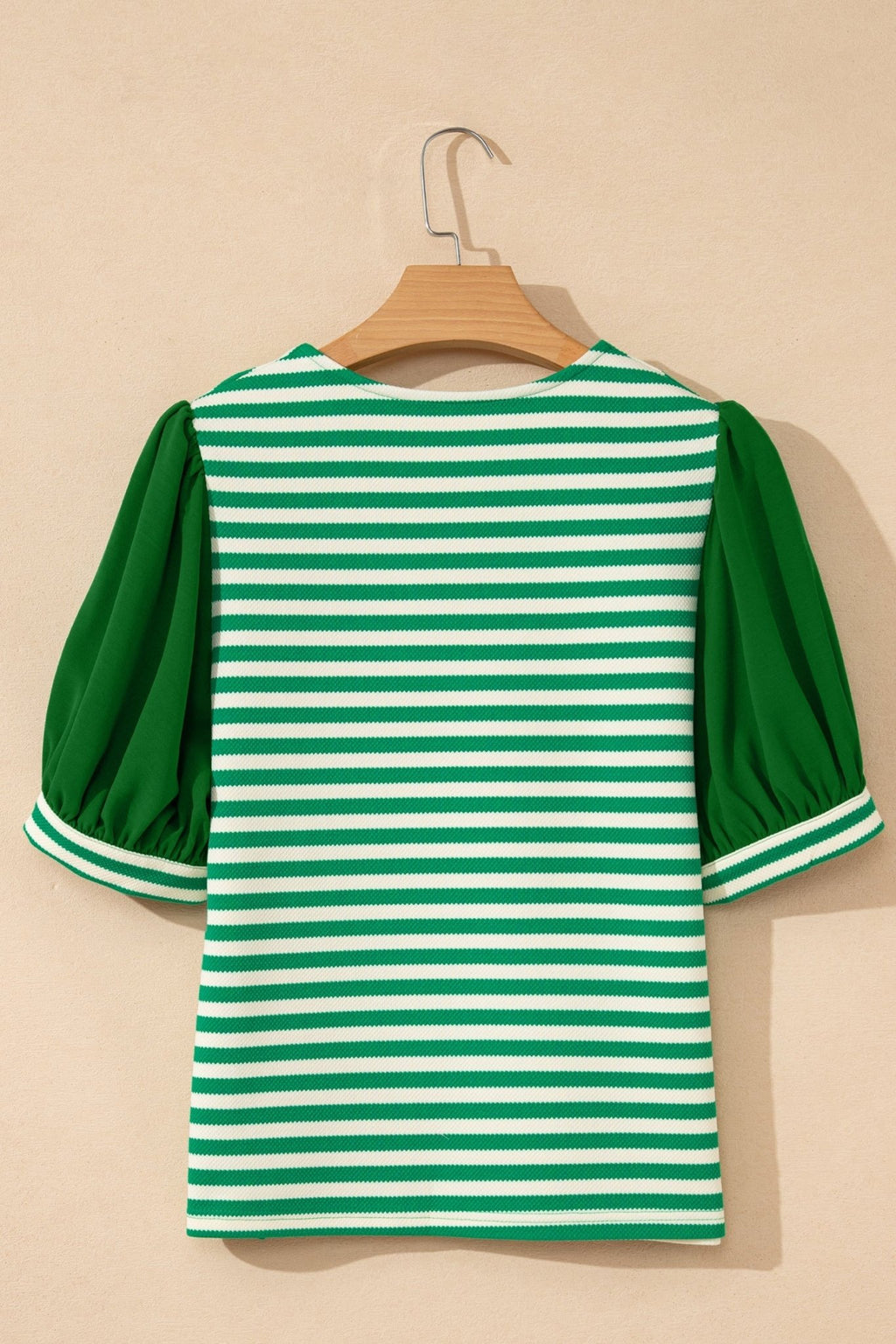 Stripe Patchwork Puff Short Sleeve V-Neck Blouse - Rooted & Reckless Co.