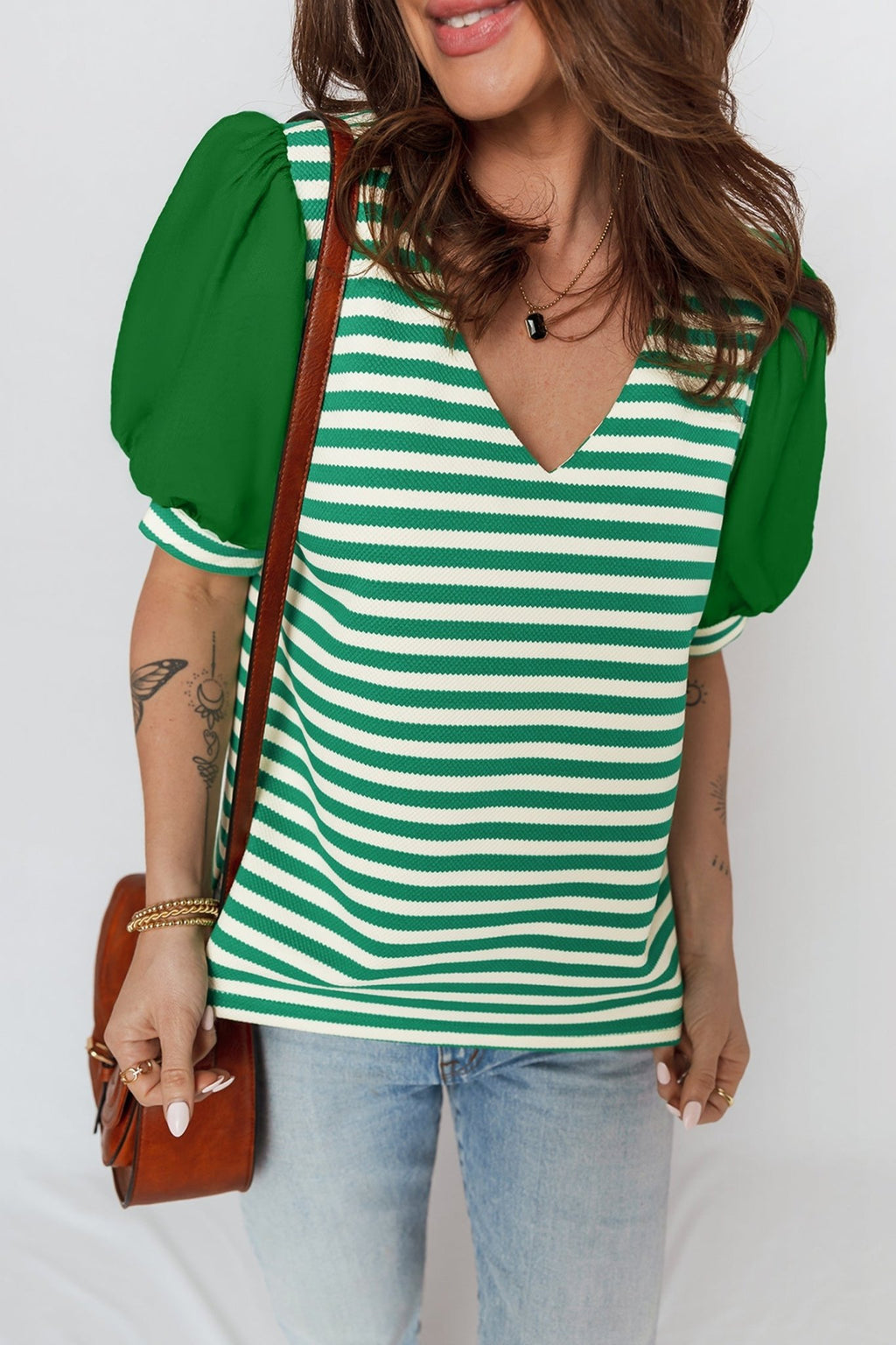 Stripe Patchwork Puff Short Sleeve V-Neck Blouse - Rooted & Reckless Co.