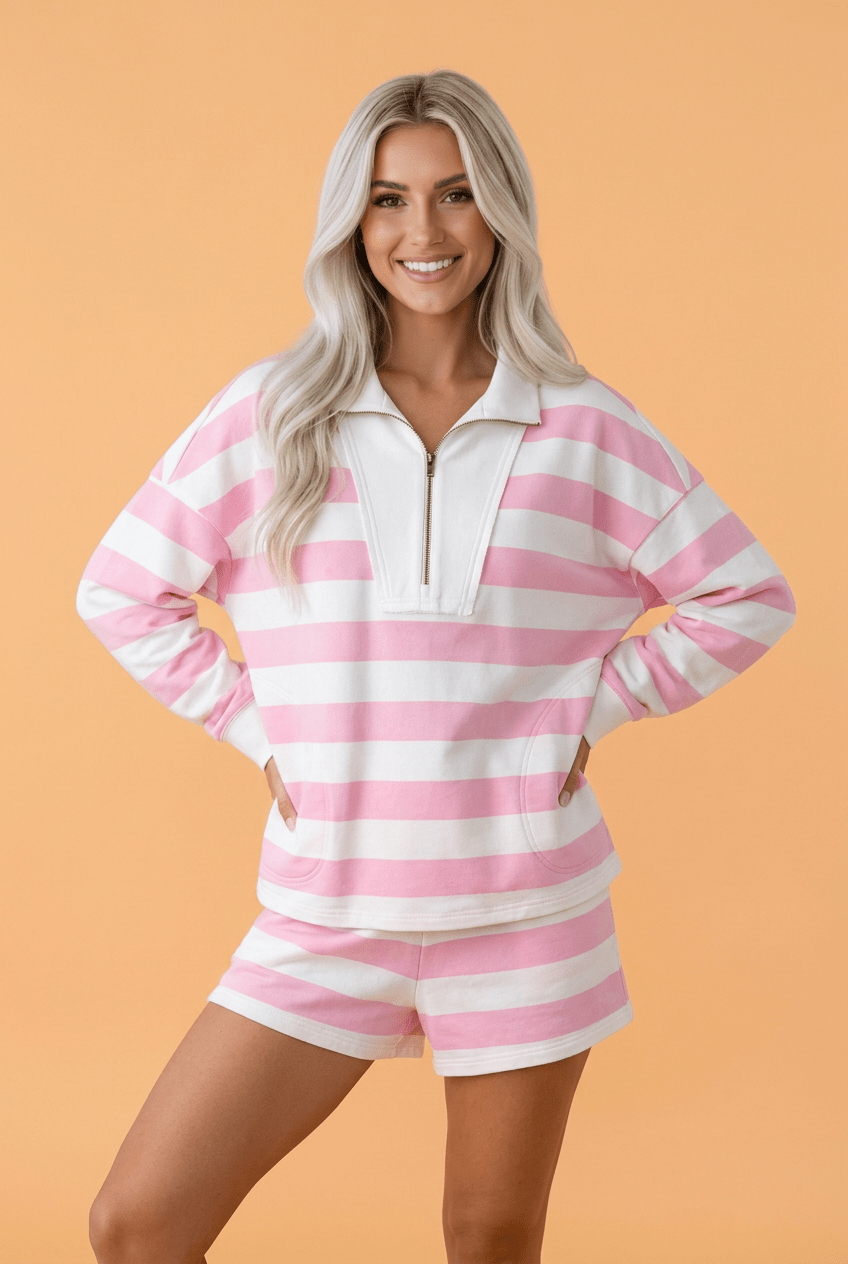 Stripe Patchwork Quarter Zip Pullover & Shorts Set - Rooted & Reckless Co.