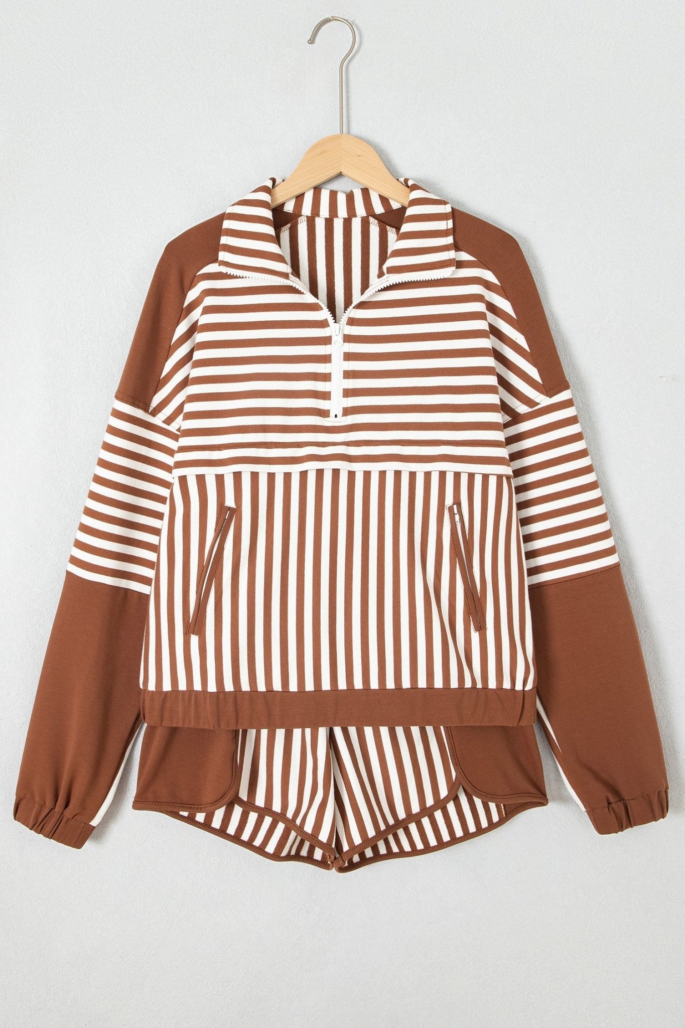 Stripe Patchwork Quarter Zip Sweatshirt & Shorts Set - Rooted & Reckless Co.