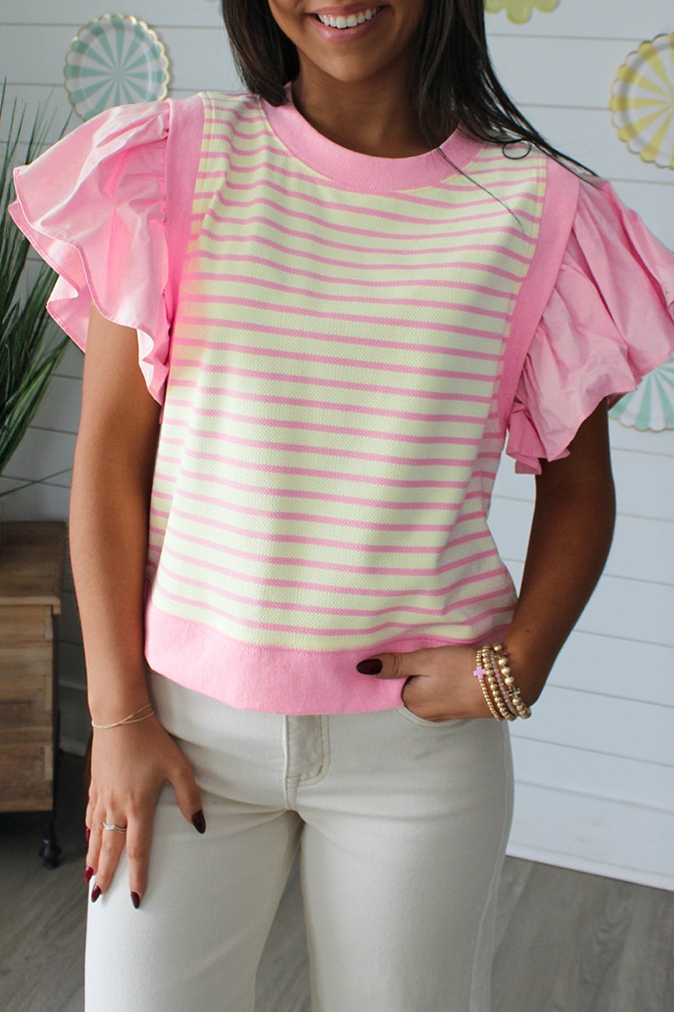 Stripe Patchwork Ruffle Short Sleeve Blouse - Rooted & Reckless Co.