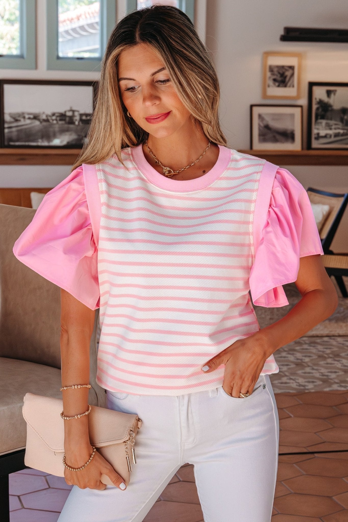 Stripe Patchwork Ruffle Short Sleeve Blouse - Rooted & Reckless Co.