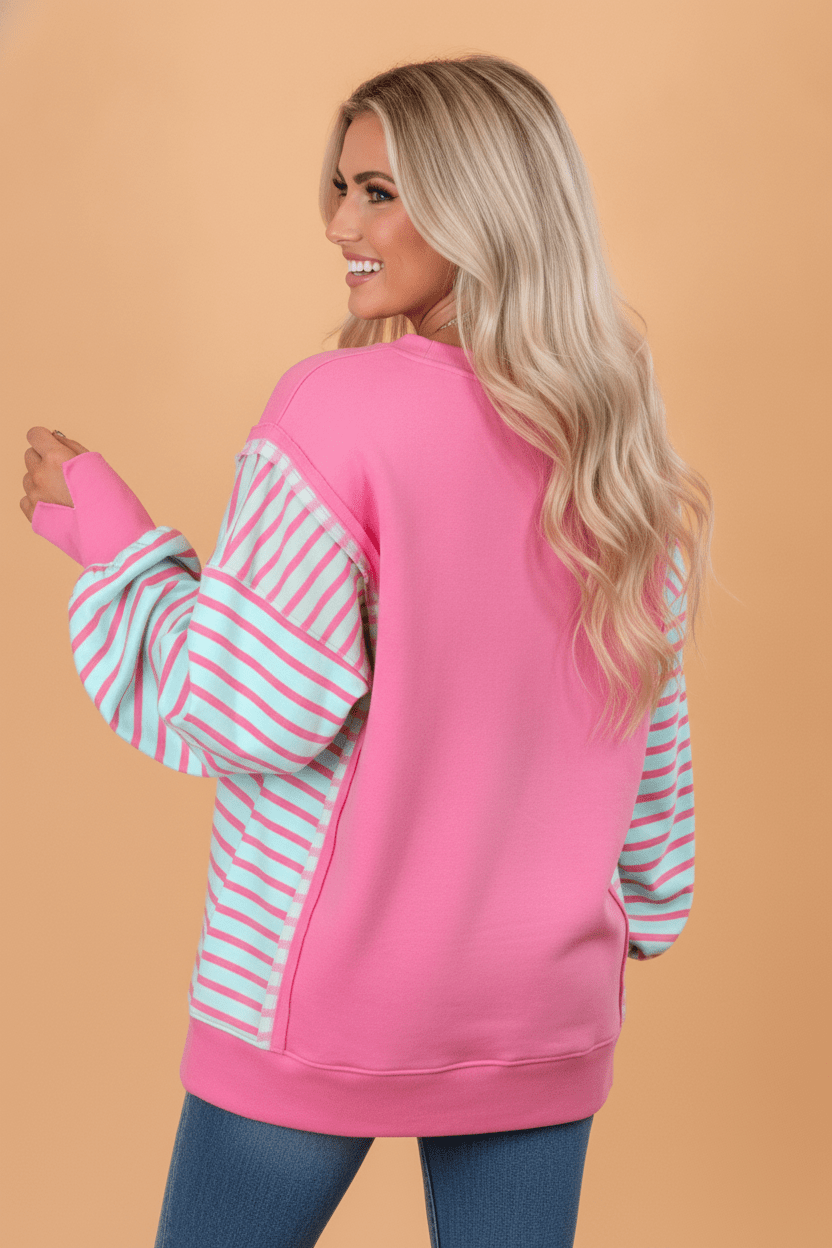 Stripe Patchwork Split Hem Long Sleeve Top - Rooted & Reckless Co.