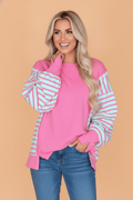 Stripe Patchwork Split Hem Long Sleeve Top - Rooted & Reckless Co.