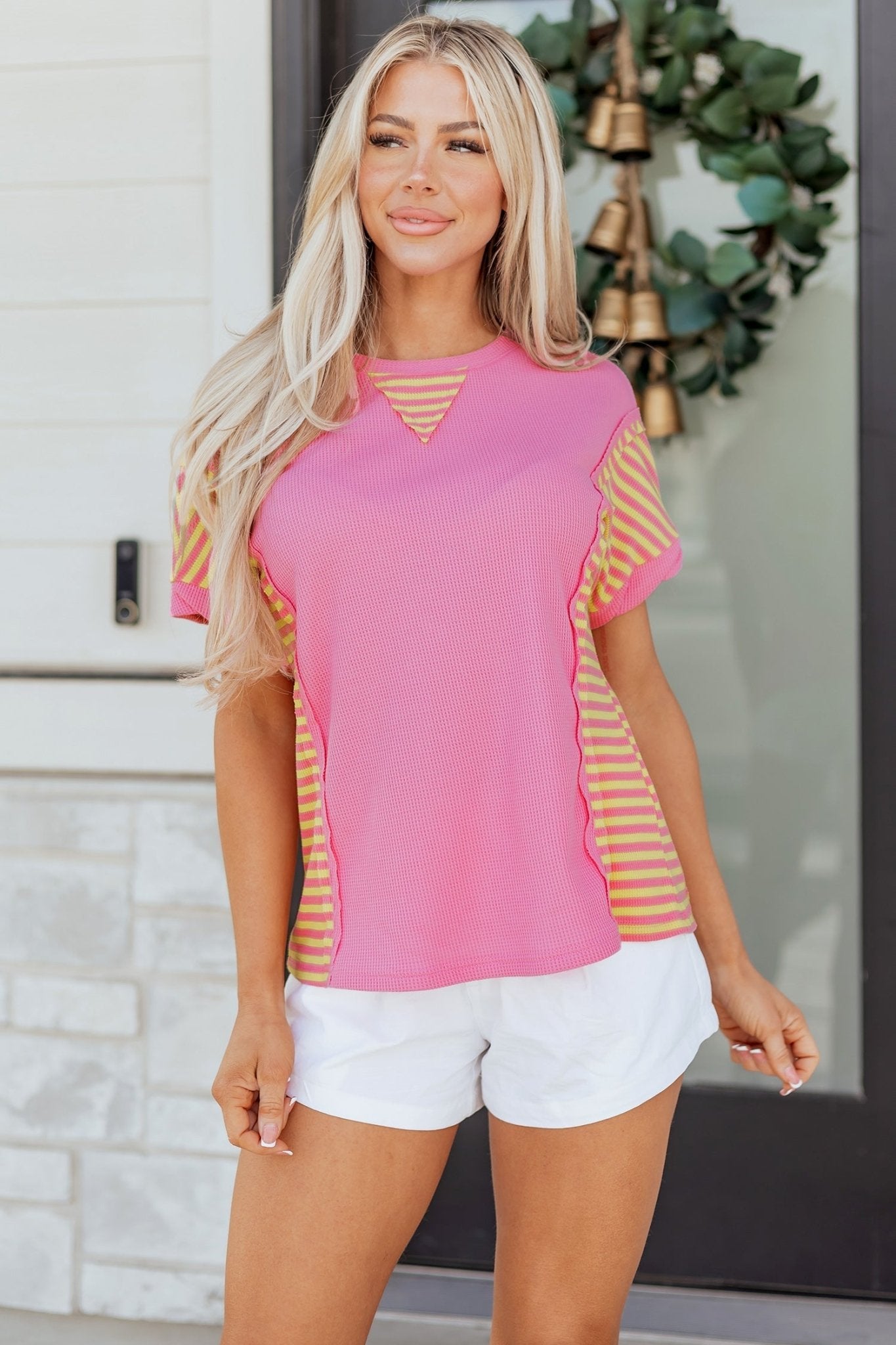 Stripe Patchwork Waffle Knit Loose T-Shirt - Rooted & Reckless Co.