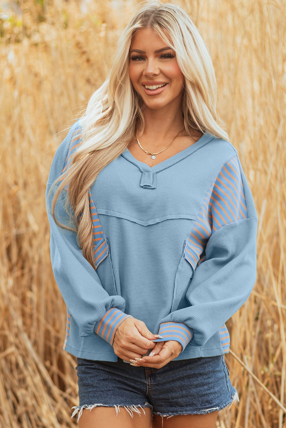 Stripe Patchwork Waffle Knit V-Neck Pullover - Rooted & Reckless Co.