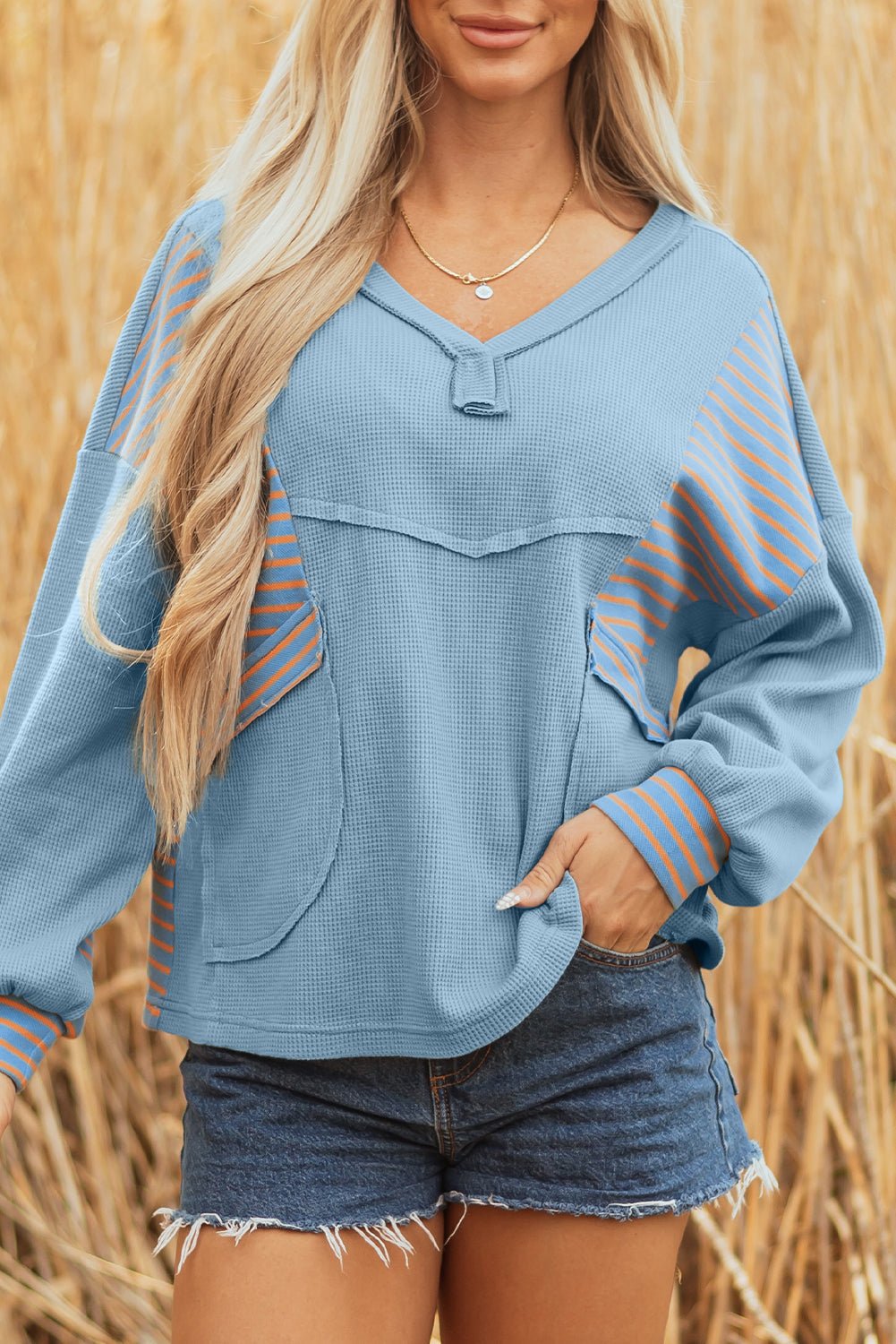 Stripe Patchwork Waffle Knit V-Neck Pullover - Rooted & Reckless Co.