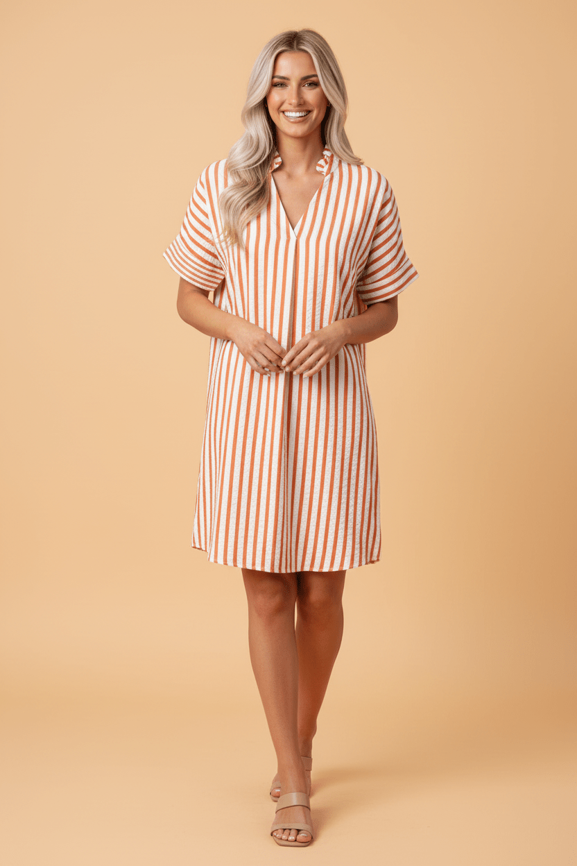 Stripe Pleated Frilled V-Neck Mini Dress - Rooted & Reckless Co.